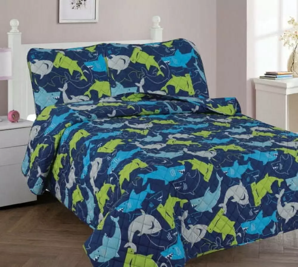 FULL SHARK BLUE Kids Coverlet Bedspread Quilted Set with Pillow Shams