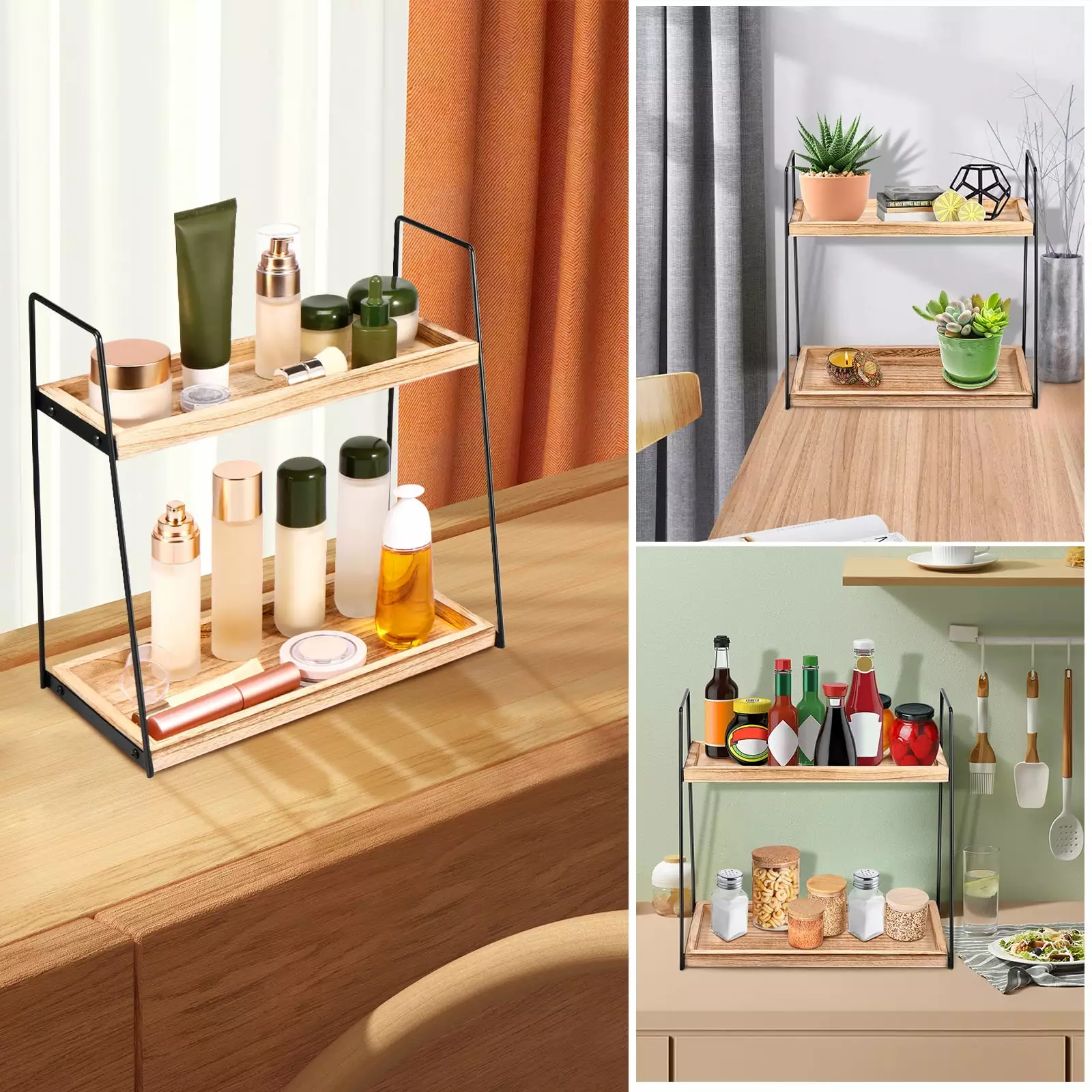 FUYGRCJ 2 Tier Bathroom Counter Organizer. Wood Bathroom Organizer Countertop. Corner Storage Shelf. Counter Standing Rack Storage Shelf Tray for Organizing Kitchen Office Desk Vanity Cosmetic