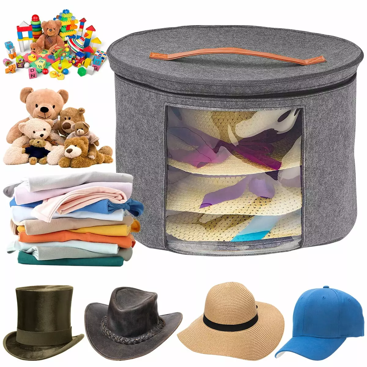 FUYGRCJ Round Hat Storage Box kids Toy Organizer Bag Container for Closet Collapsible Cowboy Hat Organizer Stuffed Animal Toy Storage Foldable Cap Boxes with Dustproof Lid