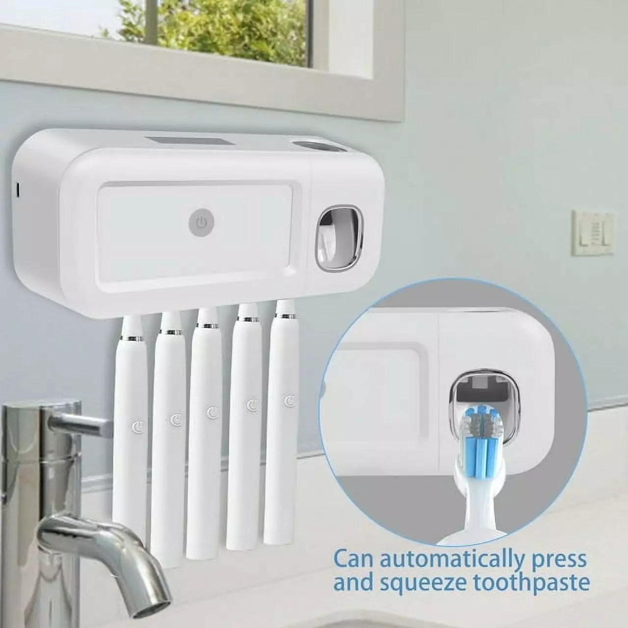 FUYGRCJ Toothbrush Holders Bathroom Wall Mount.Automatic Toothpaste Dispenser Squeezer Kit with 5 Toothbrush Slots.Multifunctional Toothbrush and Toothpaste Dispenser for Bathroom.1200mAh Rechargeable