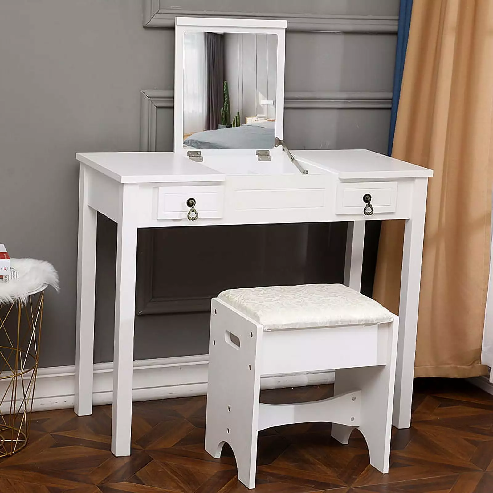 Fairnull Flip Single Mirror Double Drawers Straight Feet Dresser White