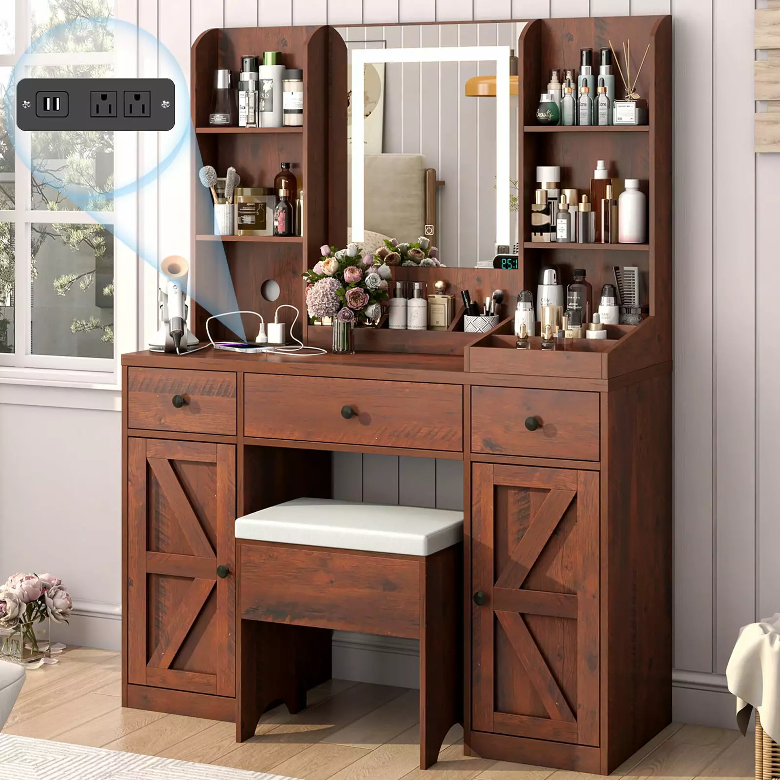 Farmhouse 43 Makeup Vanity Desk with LED Light Mirror and Charging Station. Makeup Vanity Desk Dressing Table with 3 Drawers & 2 Cabinets. Upholstered Stool for Bedroom