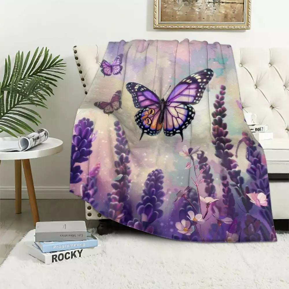 Fenyluxe Lavender Butterfly Throw Blanket. Blanket Gifts for Kids Girls.Purple Floral Butterfly Print Blanket Soft Cozy Blanket for Bed Sofa