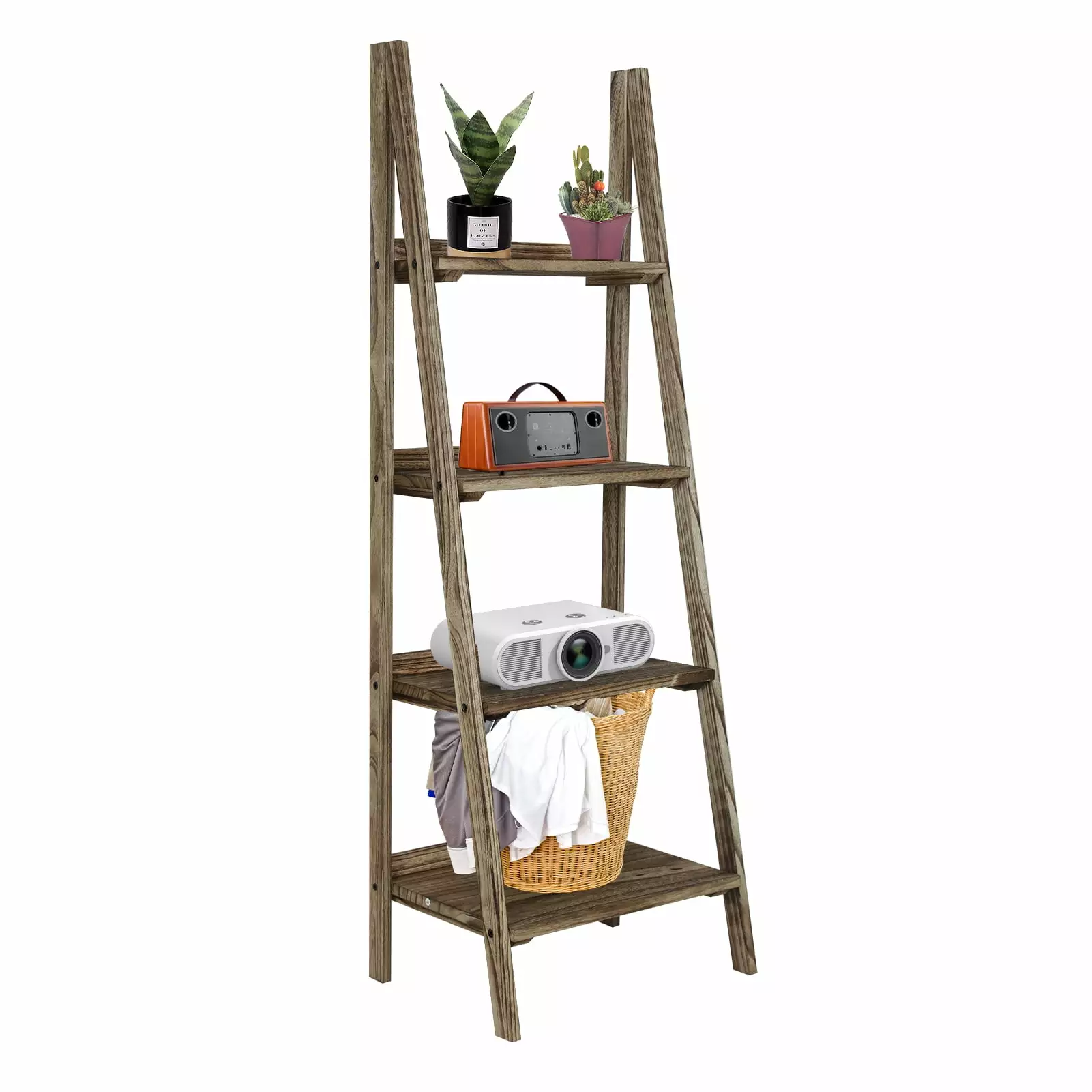 Fionafurn 4 Tier Step Ladder Shelf. Wooden Step Planter. 4 Tier Bookshelf for Home Bedroom Office. Brown