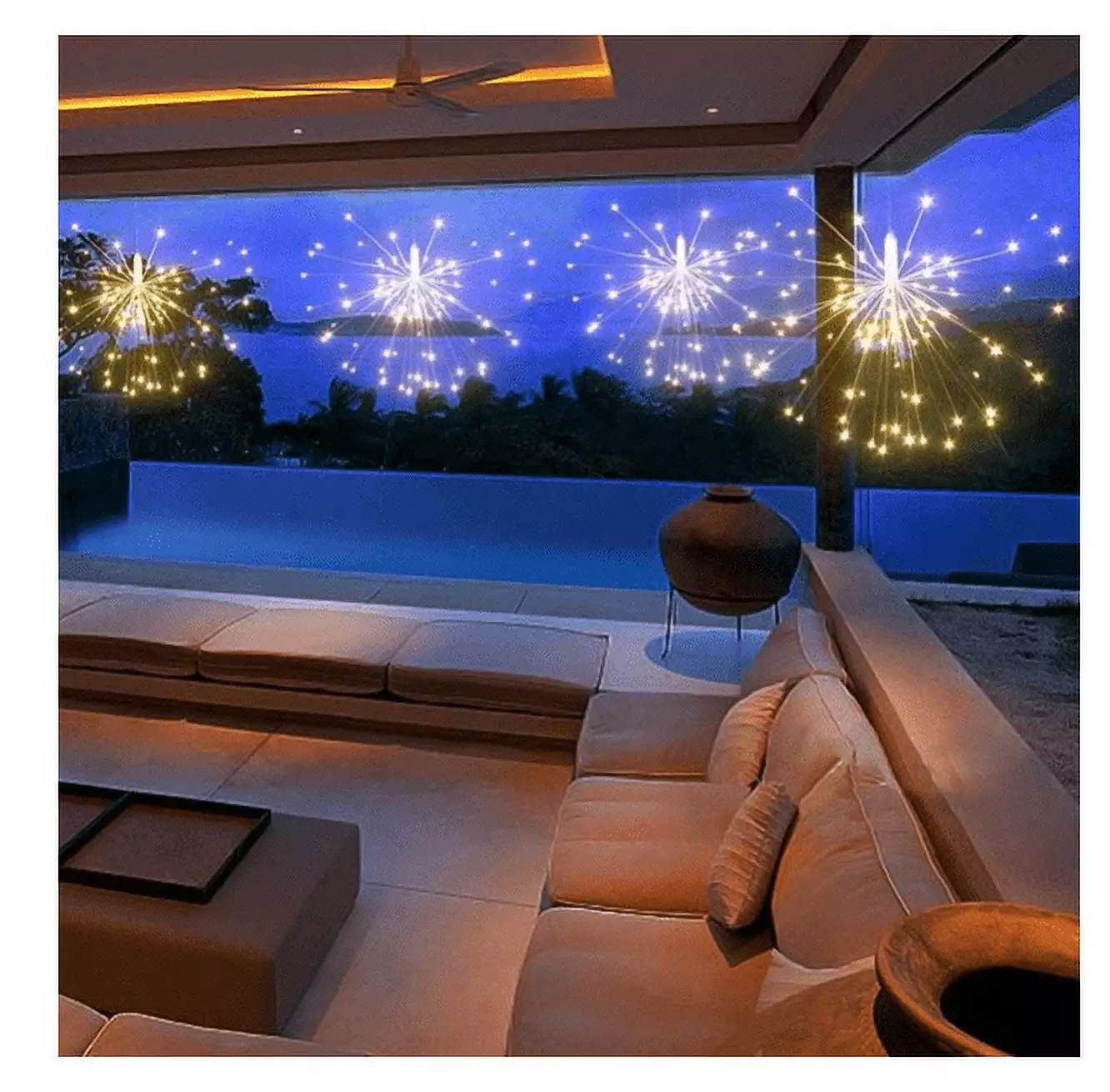 Firework Lights 120 LED Copper Wire Starburst Light. 8 Modes Battery Operated Fairy Star Sphere Lights with Remote. Christmas String Lights. Warm White Hanging Ceiling Decorations for Christmas