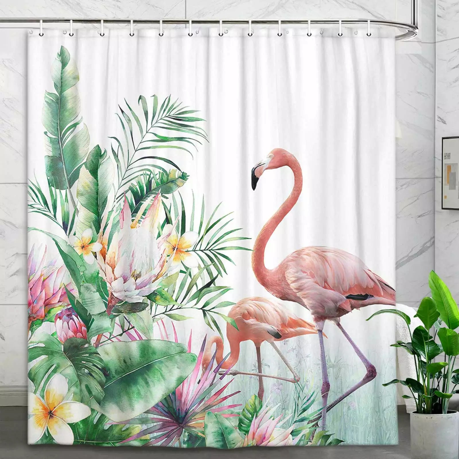 Flamingo Shower Curtain Green Plants Tropical Bathroom Bathtub Decor + Hooks 72 X 72 Inch