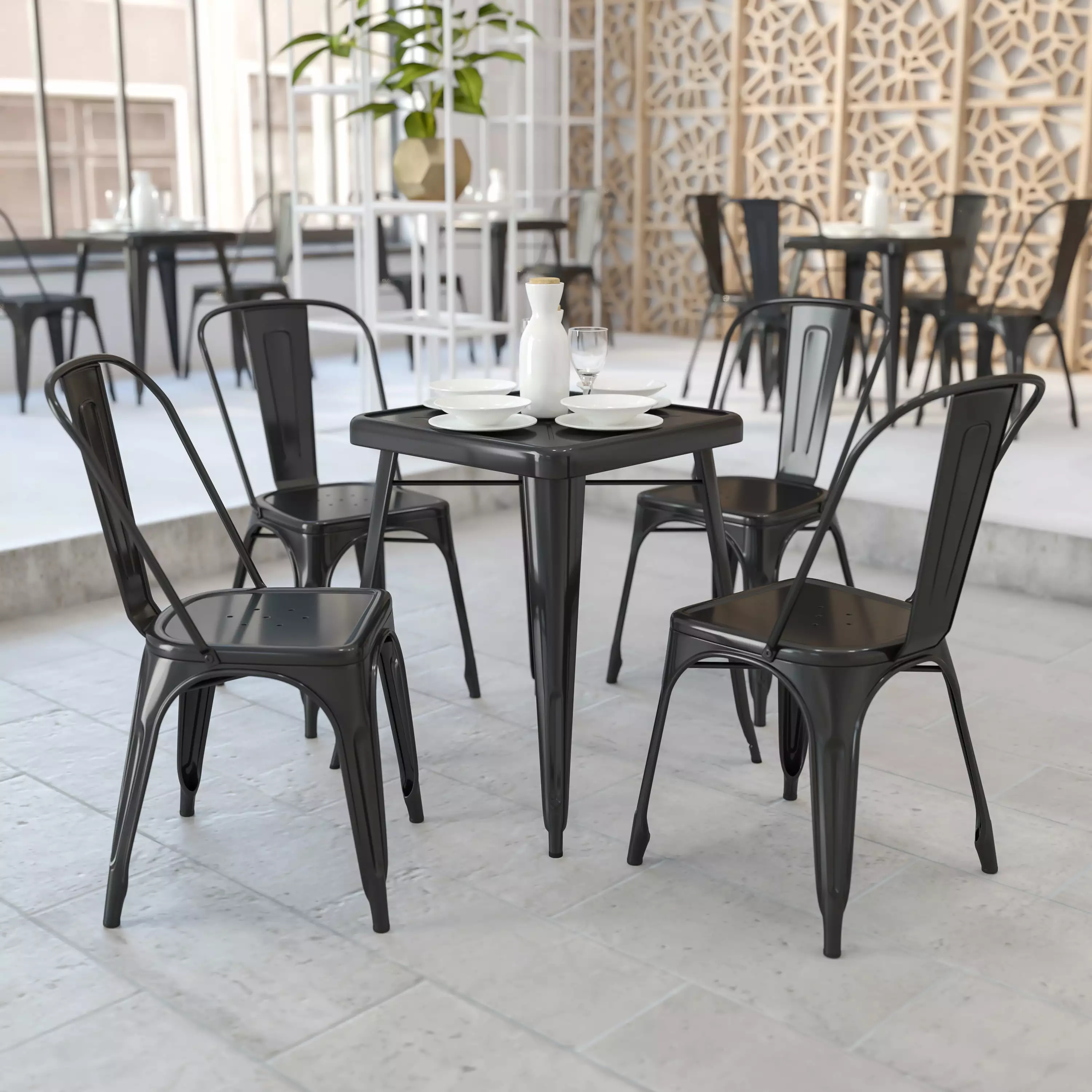 Flash Furniture Commercial Grade 23.75 Square Black Metal Indoor-Outdoor Table Set with 2 Stack Chairs