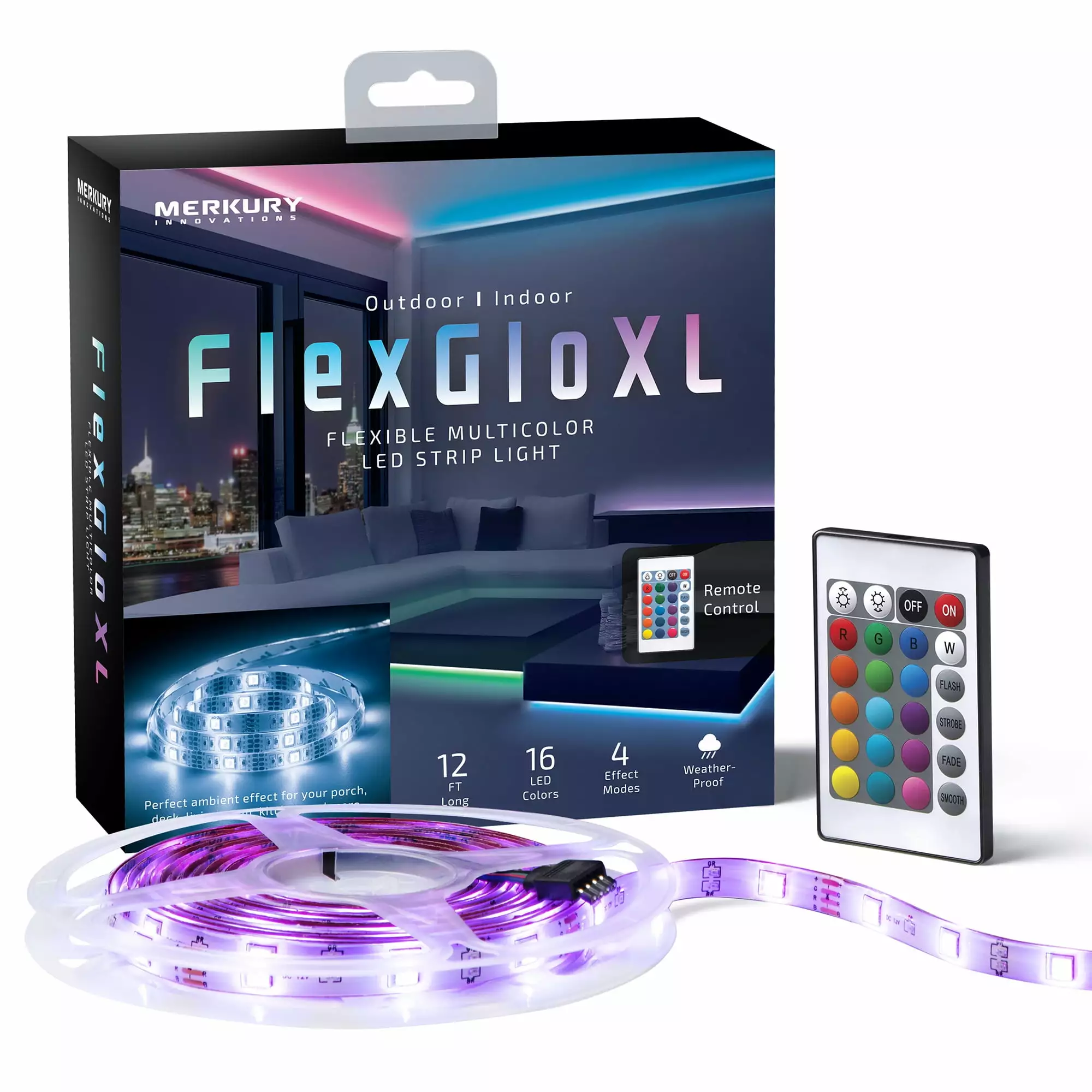 FlexGlo XL 13.1ft RGB 120 LED Strip Light. Weatherproof Coating. 24key Remote Control.12V Power Adapter