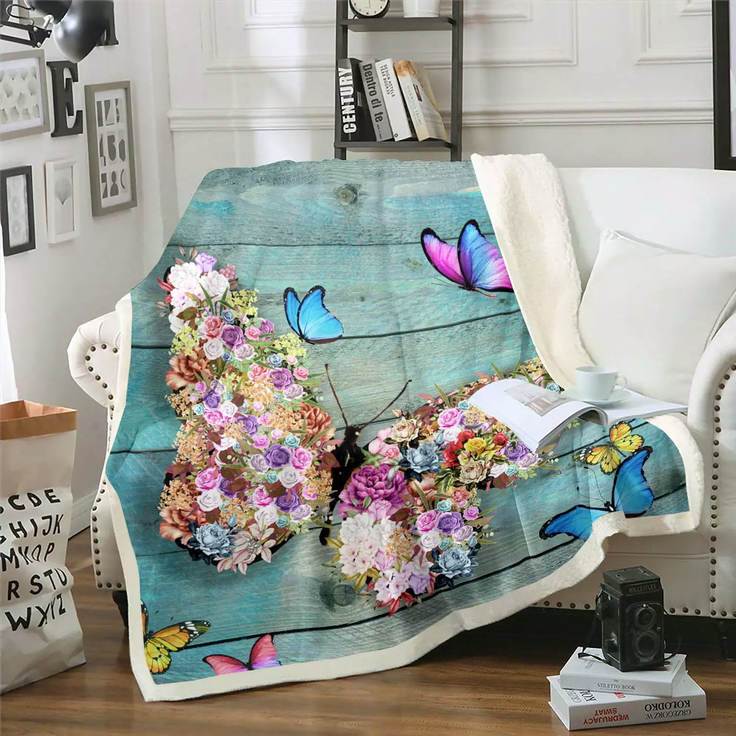 Flowers Butterflies Fleece Blanket Home Decor.Blue Butterfly Floral Throw Blanket.Teal Wood Board Retro Barn Door Cabin Style Blanket 50x60.Rustic Farm Animals Bed Blanket for Girls Women Adult