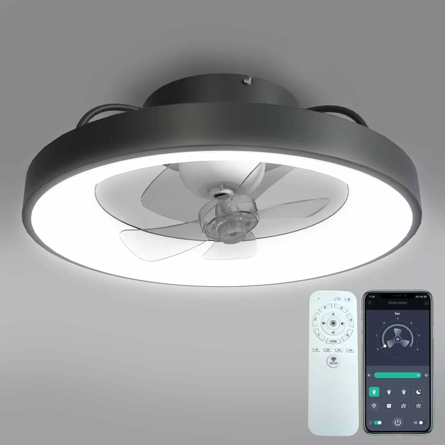 Flush Mount Ceiling Fans with Lights: Oscillating Modern Low Profile Ceiling Fan with Lights and Remote & APP Control. Dimmable LED 3 Colors 6 Speeds Reversible for Bedroom Living Room Kitchen. Black