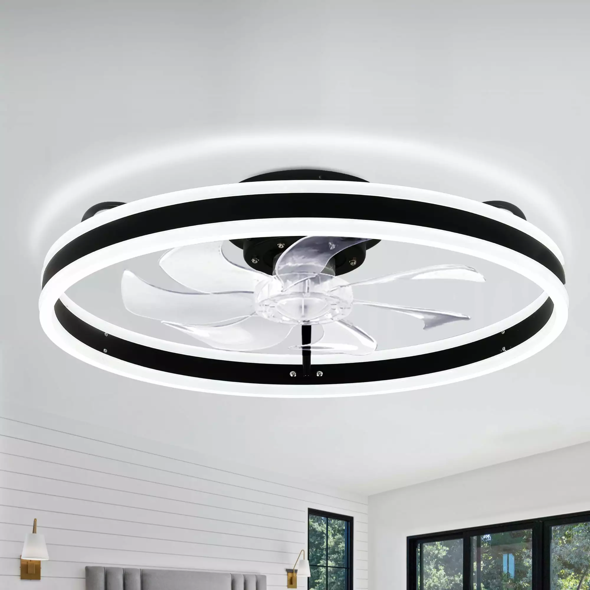 Flush Mount Reversible Ceiling Fan with LED Dimmable Light Kit. 6-Speed Ceiling Fan with APP and Remote Control