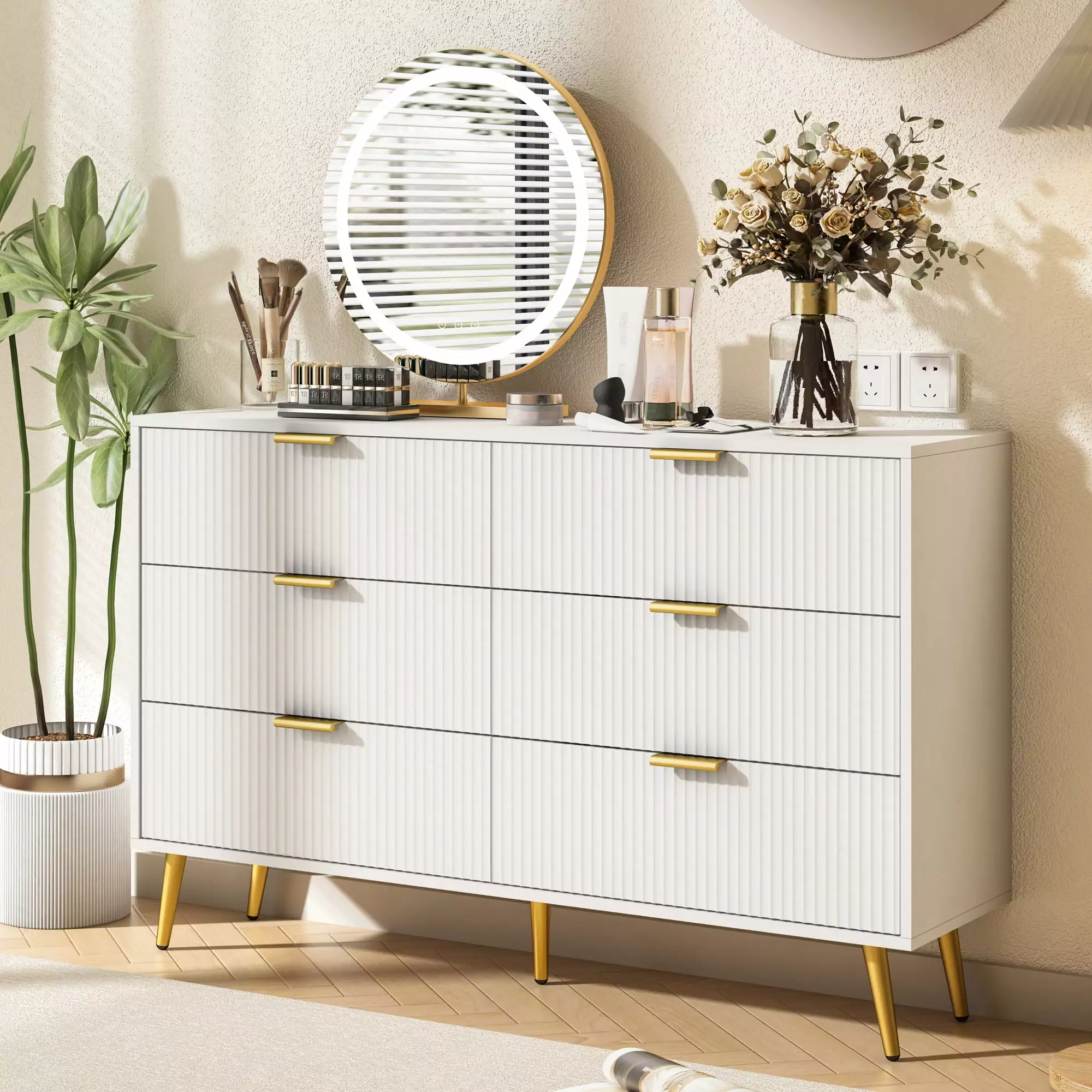 Fluted 6 Drawer Double Dresser. Modern Storage Cabinet. Wood Chest of Drawers for Living Room. Bedroom