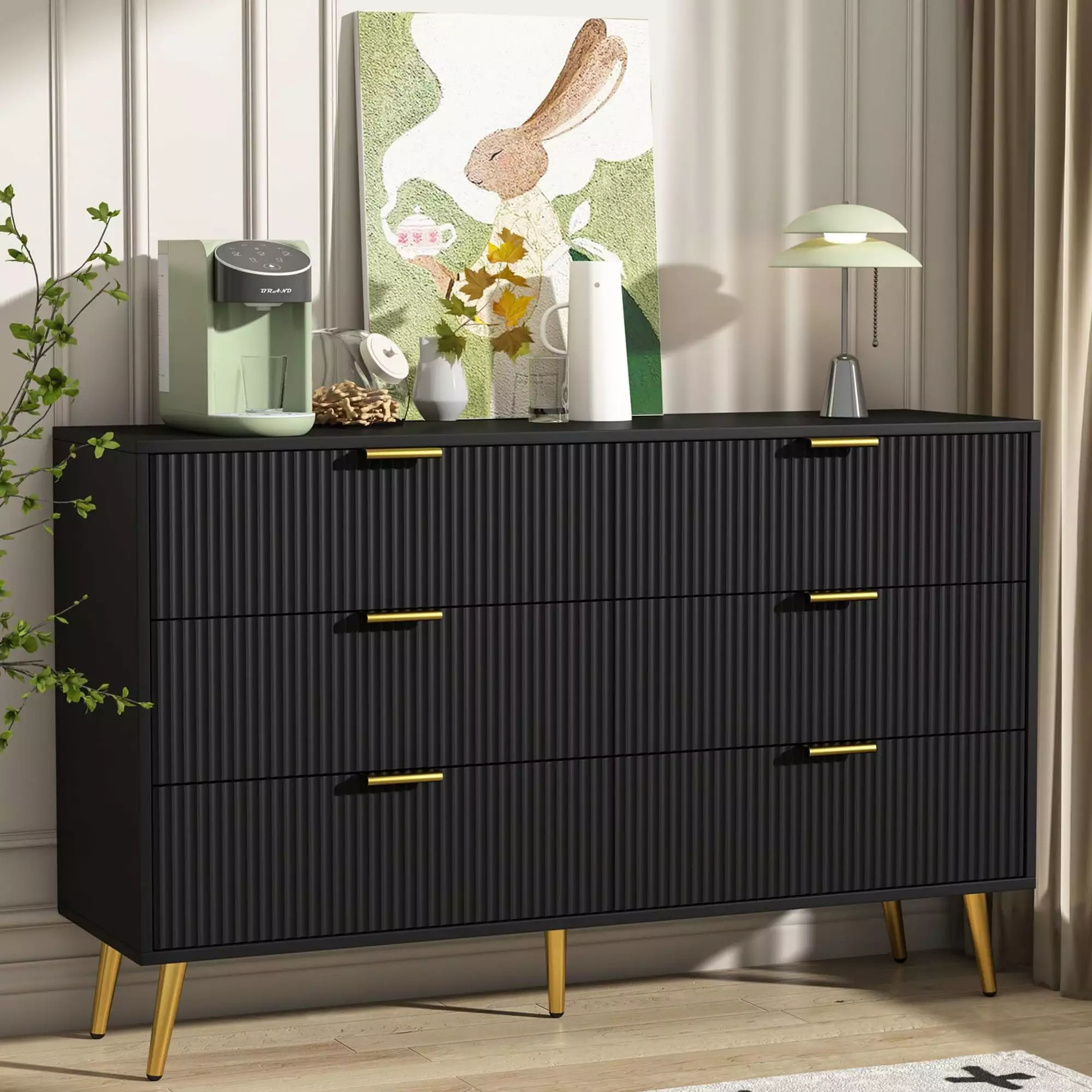 Fluted 6 Drawer Double Dresser. Wood Chest of Drawers. Modern Storage Cabinet for Living Room. Bedroom