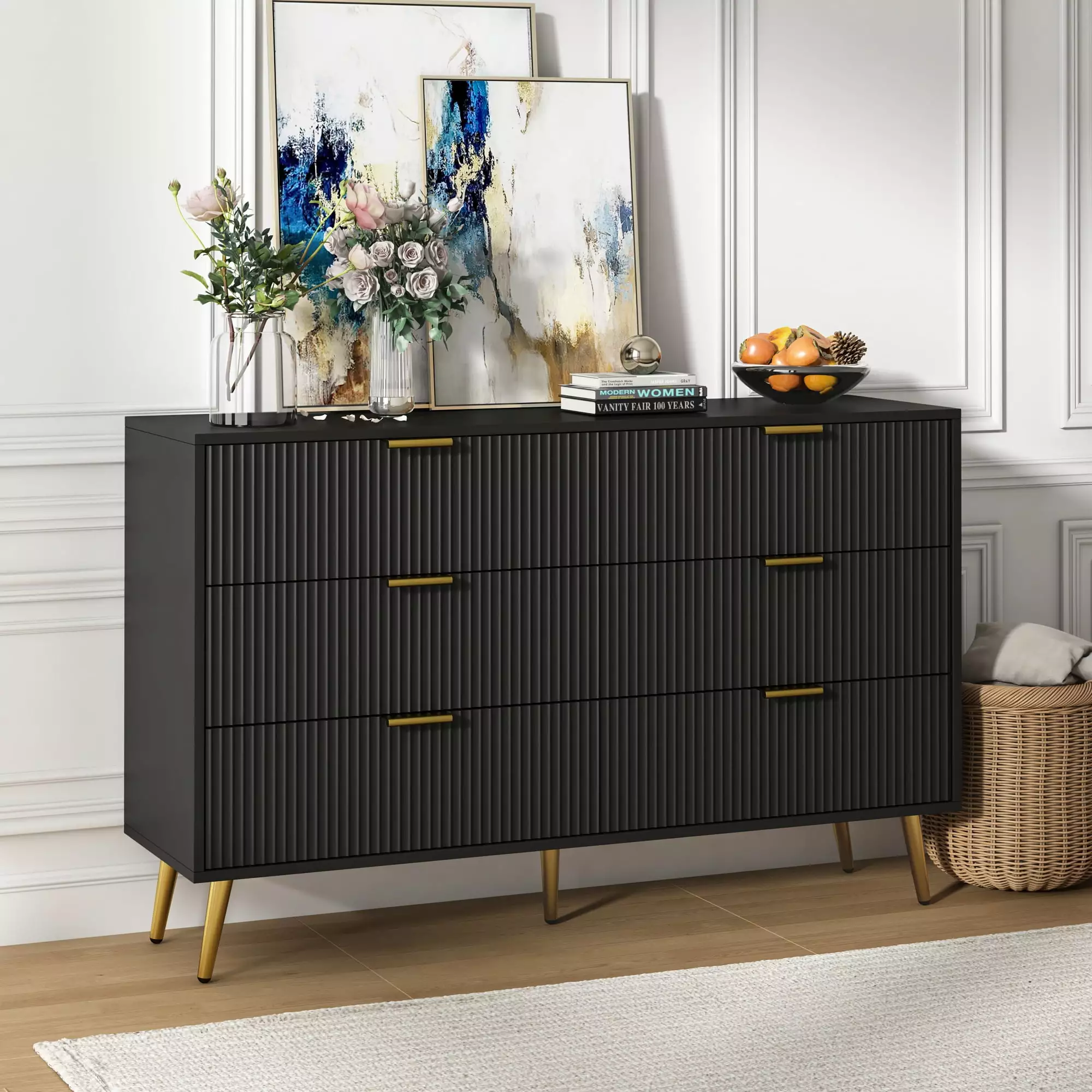 Fluted 6 Drawer Dresser. 6 Drawer Double Dresser . Chest of Drawers for Closet. Living Room. Hallway