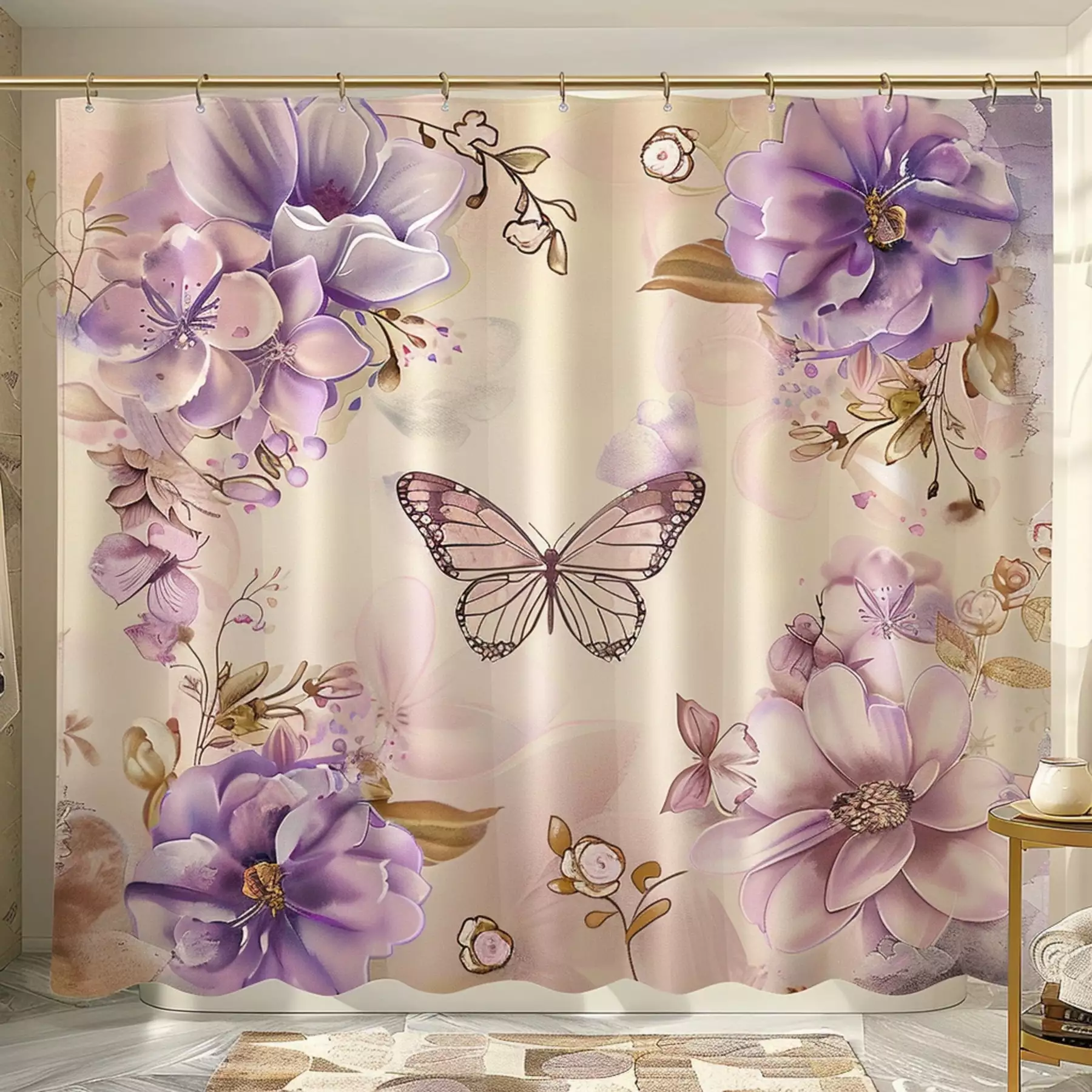 Fluttering Beauty: Butterfly & Flower Shower Curtain with Lush Purple Pink & Beige Roses and Elegant Gold Accents Transform Your Bathroom into a Garden Oasis