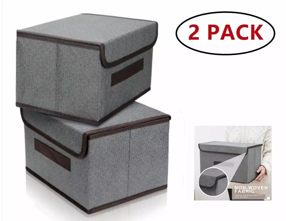 Foldable Storage Bins Gray Storage Boxes with Lids and Handles Storage Baskets in Linen Storage Organizers.Fabric Organizer Containers for Toys. Shelves. Clothes. Papers and Books etc .2 Pack