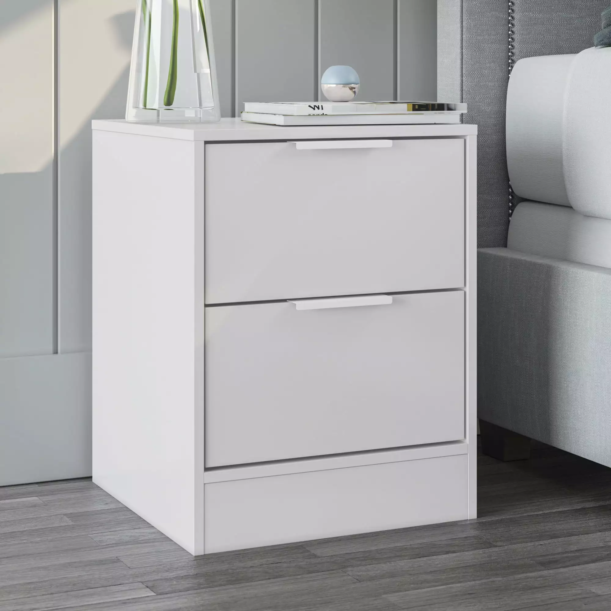 Fresno 2 Drawer Modern Nightstand in White Finish. for Bedroom