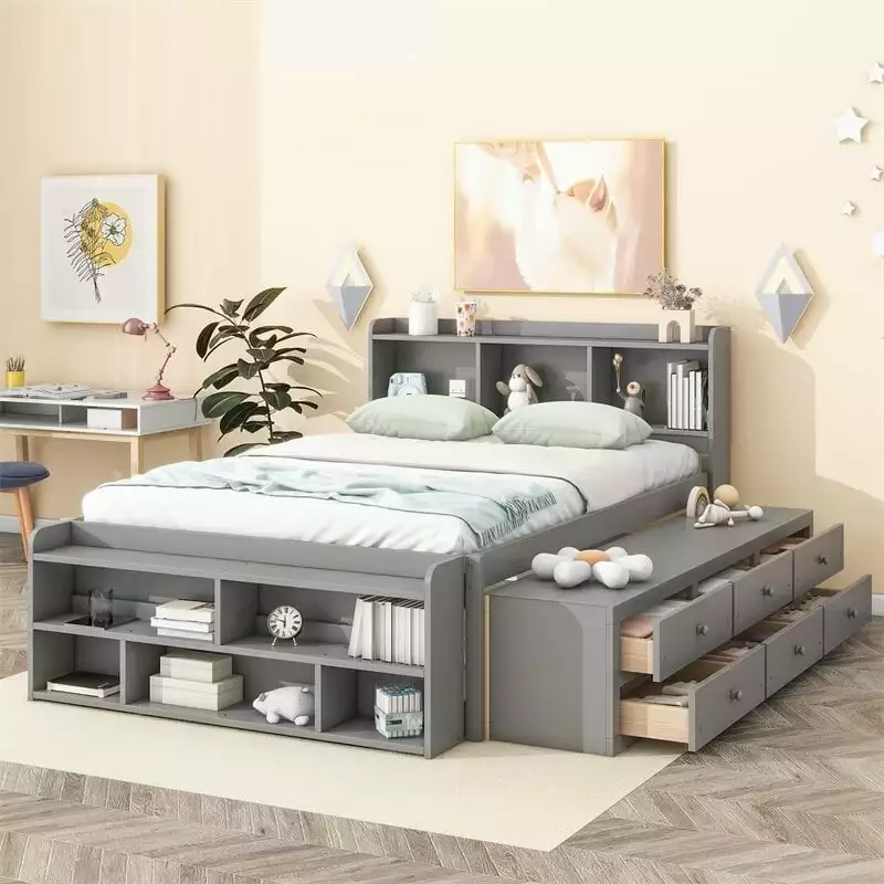 Full Bed with Bookcase Headboard. Wooden Platform Bed with Under Bed Storage Drawers and Bed End Storage Case. Full Bed Frame for Kids Teens Adults Bedroom. No Box Spring Needed. Gray