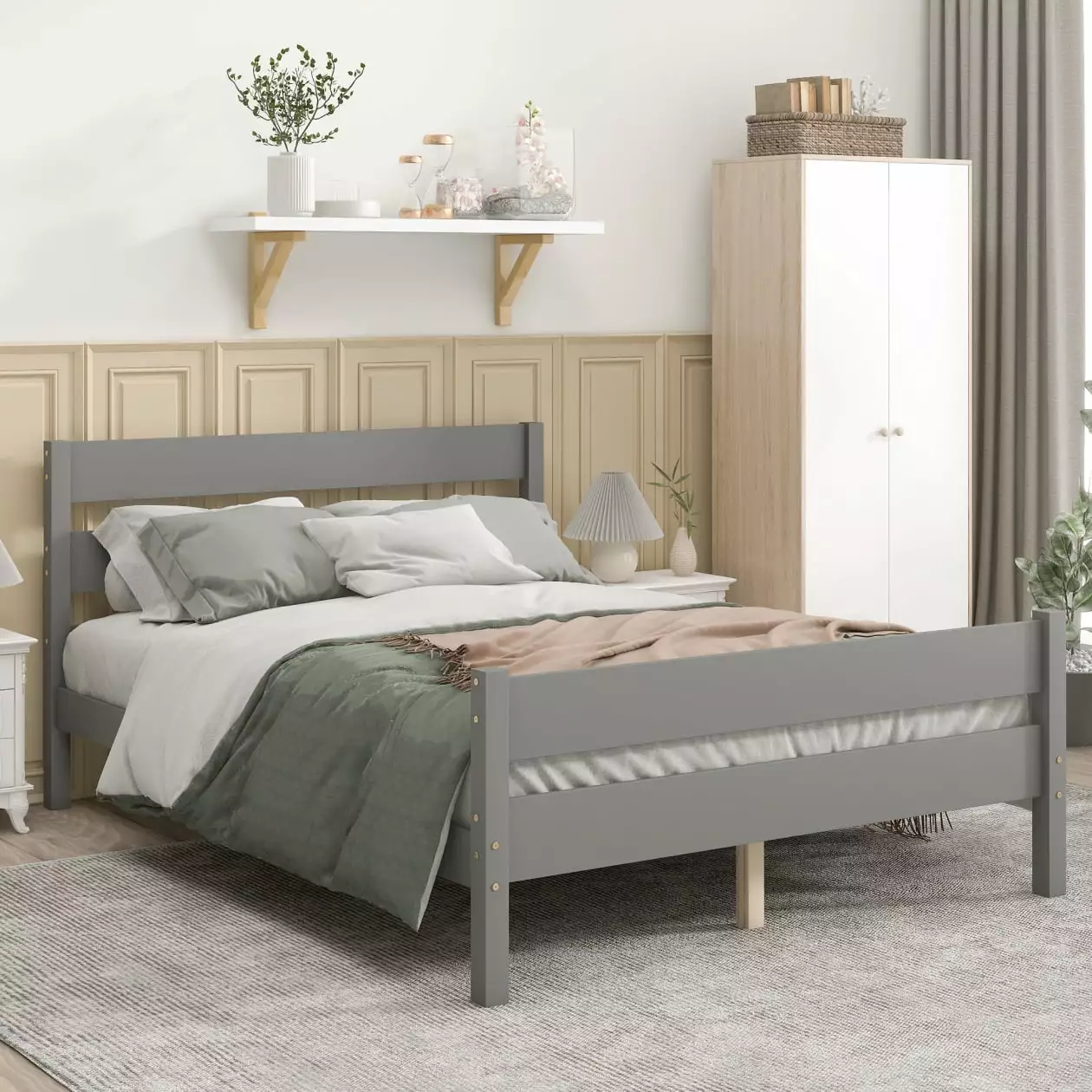 Full Bed Frame Solid Wood Platform Bed Frame with Headboard and Footboard. Modern Full Size Platform Bed for Kids Teens Boys and Girls. Under Bed Storage/No Box Spring Needed/Easy Assembly. Gray