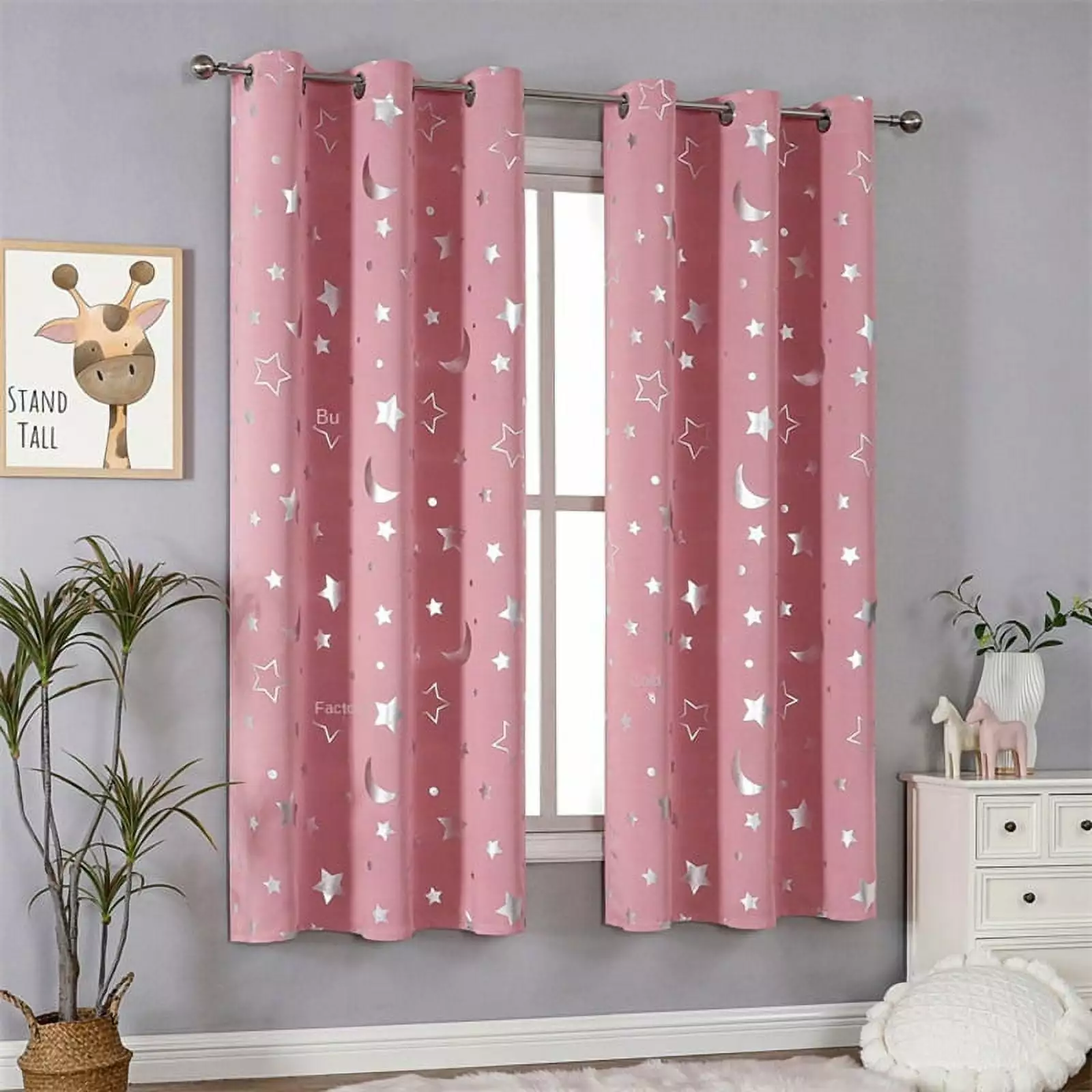 Full Black Grommet Blackout Curtain Panels Moon Stars Printed Window Curtains Thermal Insulated Drapes for Kids Boy Girls Bedroom Nursery Living Room Decor.1 Panel. Pink 52*84