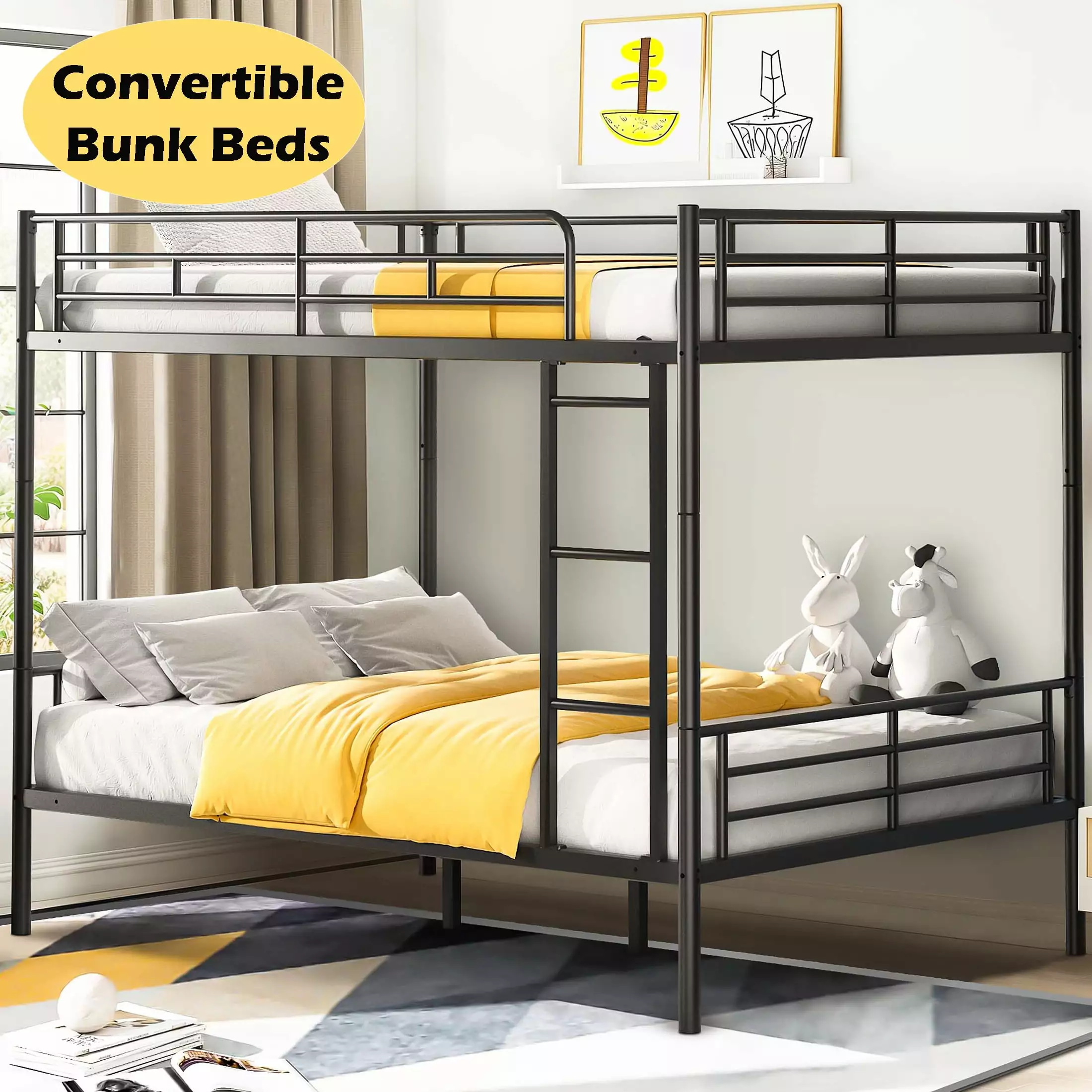 Full over Full Bunk Beds. BTMWAY Metal Bunk Beds Full Over Full Size. Full Size Convertible Bunk Beds for Kids Teens Adults. with Ladder and Safety Guardrails. Load-Bearing 350lbs. Noise-Free. Black