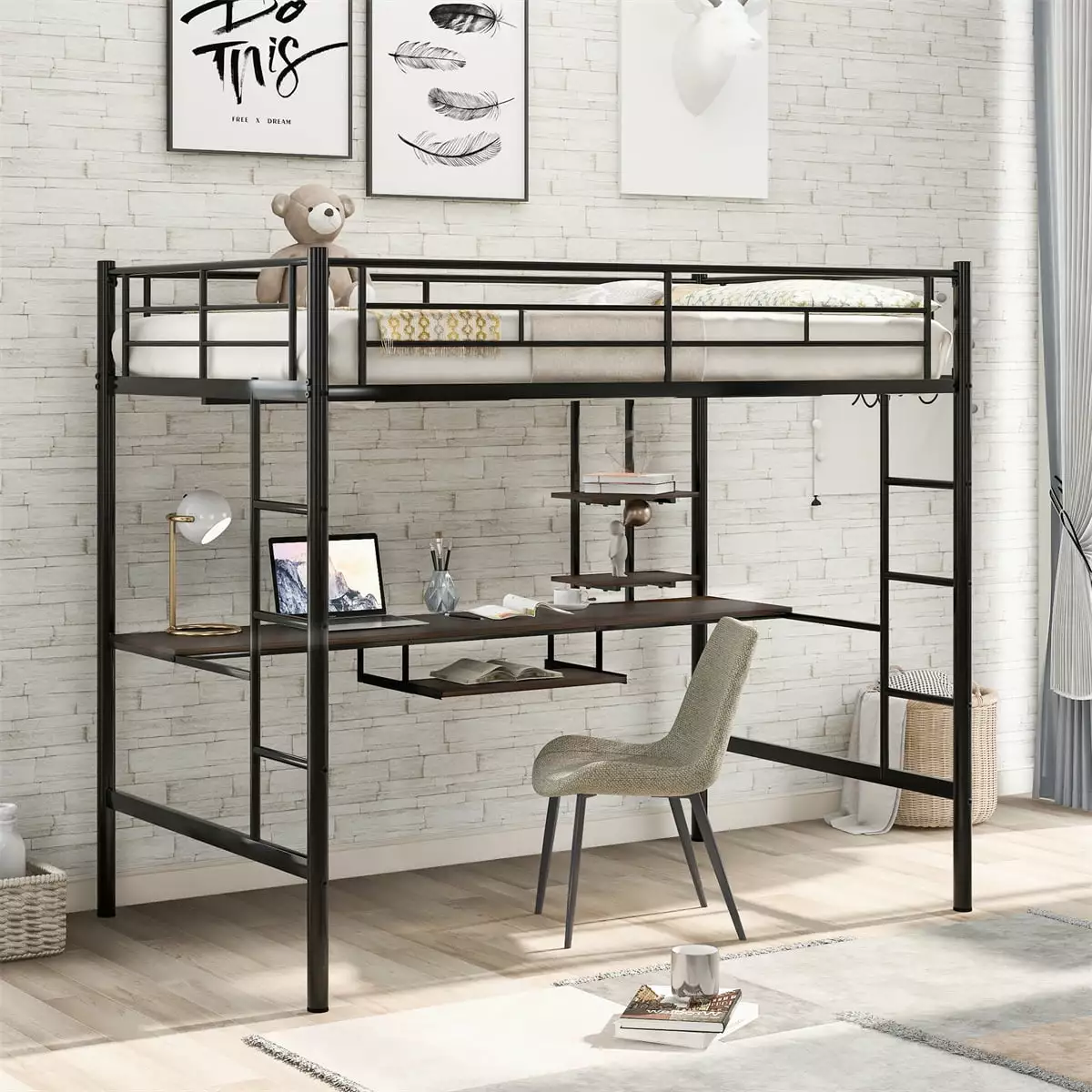 Full Loft Bed with Desk and Shelves for Teens. Metal Loft Bed Frame with 2 Built-in Ladders and Safety Guardrail.Noise Free. Space Saving Design.No Box Spring Needed. Black