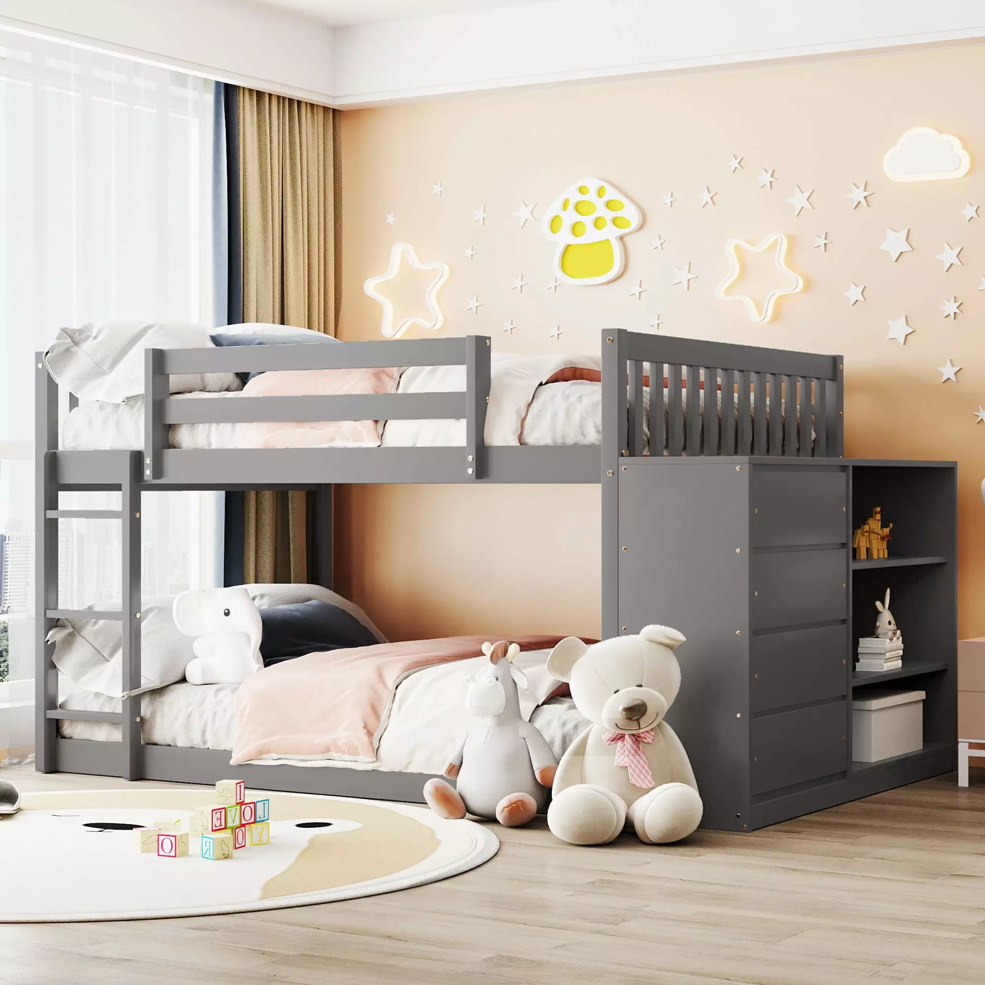 Full Over Full Bunk Bed with Storage. Wood Floor Bunk Beds with 4 Drawers and 3 Shelves. Low Bunk Bed. Full Loft Bed with Guardrail and Ladder. No Box Spring Required. Gray