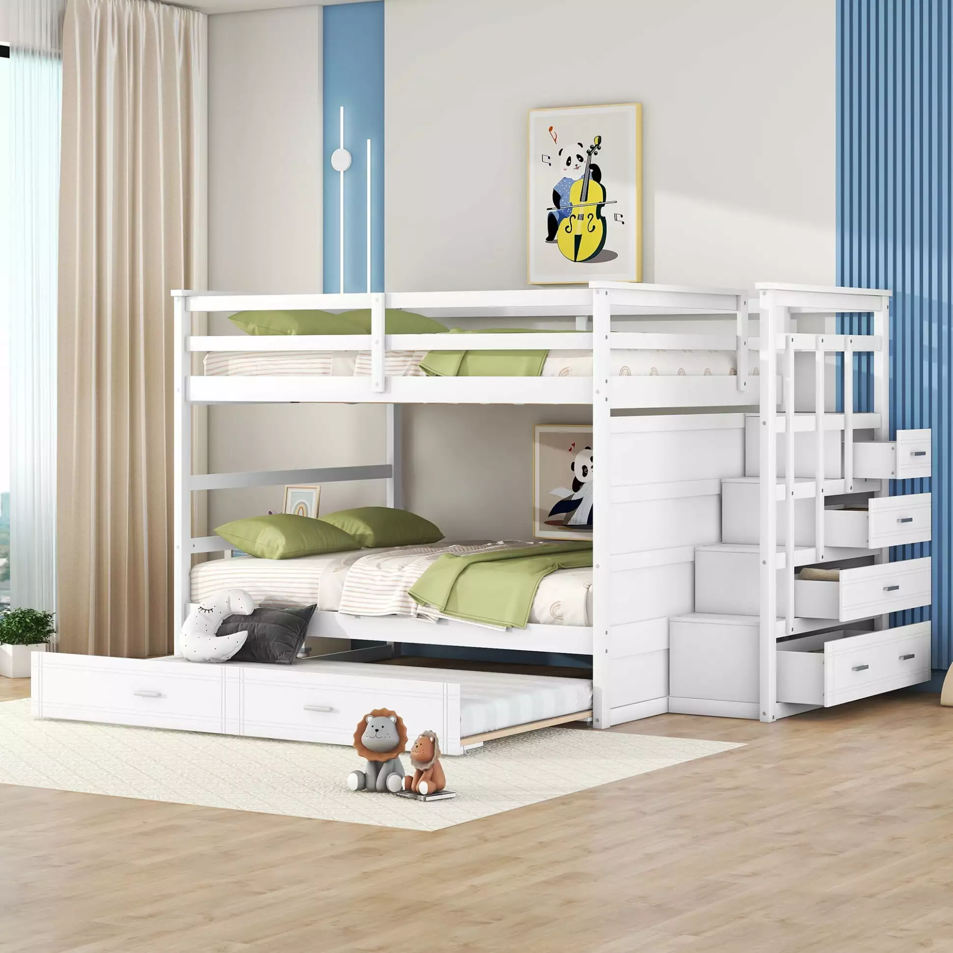 Full Over Full Bunk Bed with Trundle. Hardwood Bunk Bed with Staircase and 4 Drawers. Wooden Bed Frame with Guardrails and Slats Support. for Kids Teens Adults. No Box Spring Needed. White