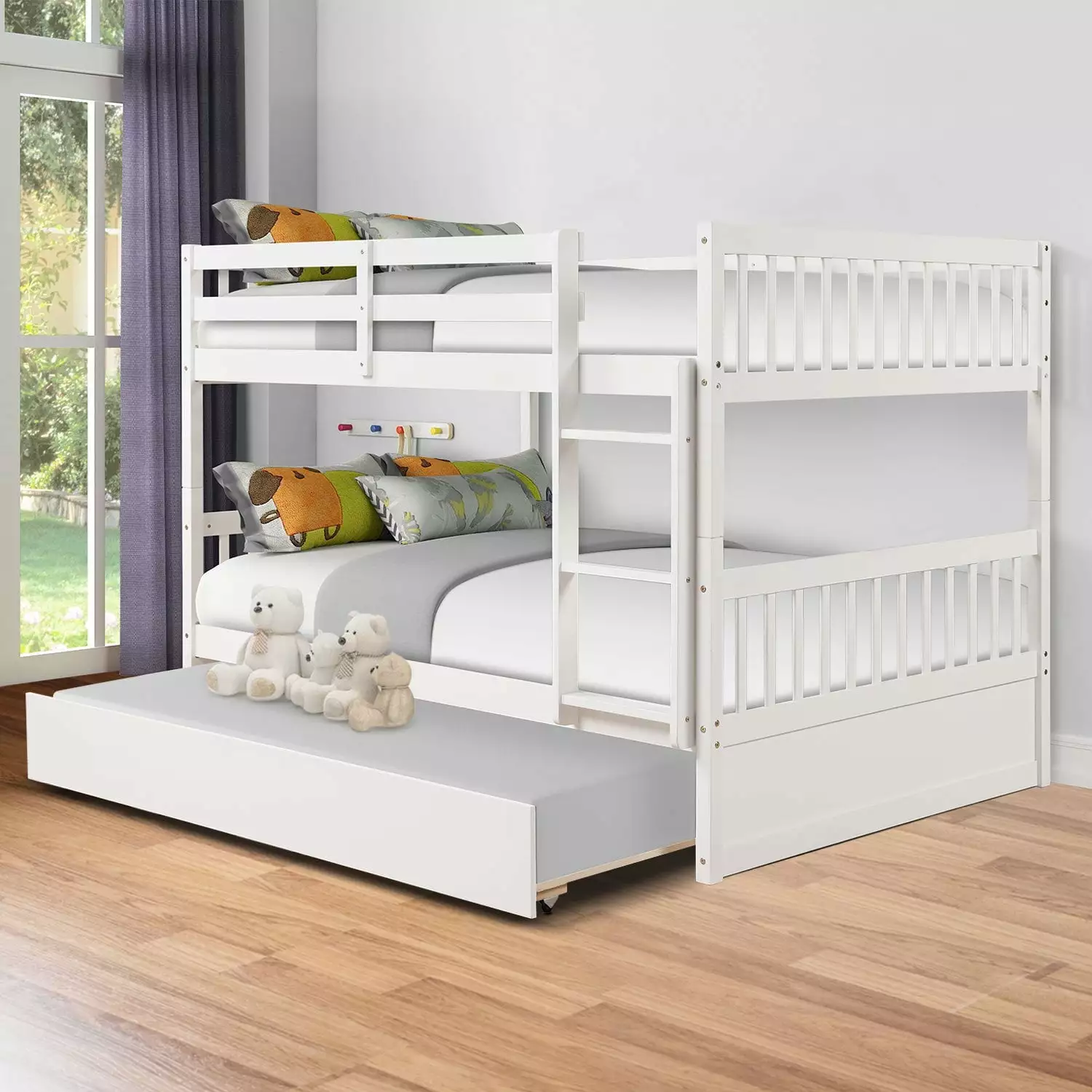 Full Over Full Bunk Bed with Trundle for Kids. Convertible to 2 Full Size Platform Bed. Wood Full Bunkbed with Full-Length Safety Guard Rail and Ladders. White