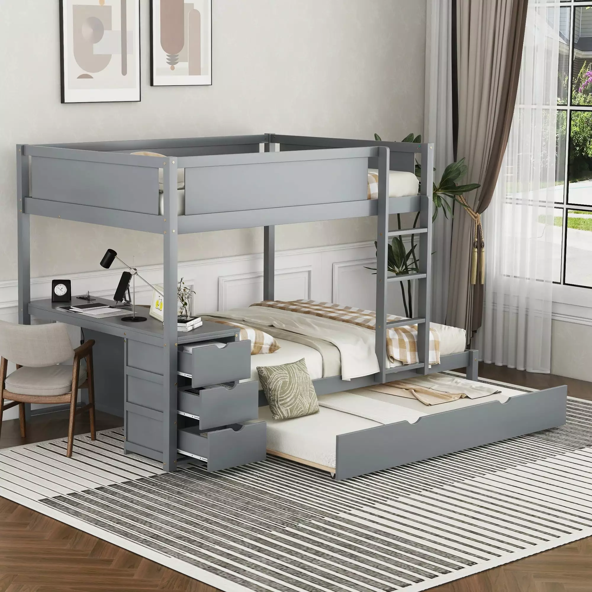 Full-Over-Full Bunk Bed With Twin Size Trundle. Storage And Desk. Gray