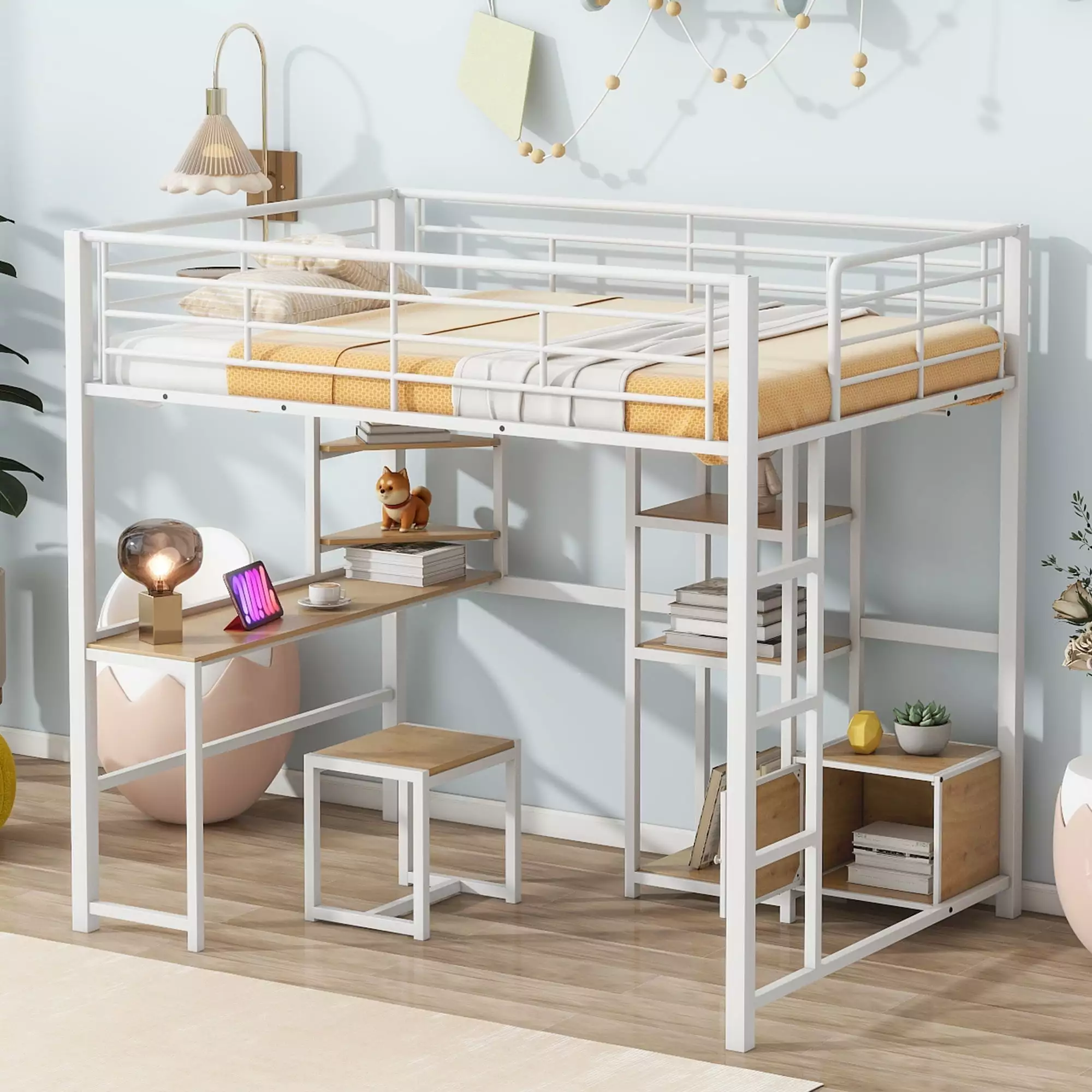 Full-Over-Full Bunk Bed With Twin Size Trundle. Storage And Desk. White+Walnut