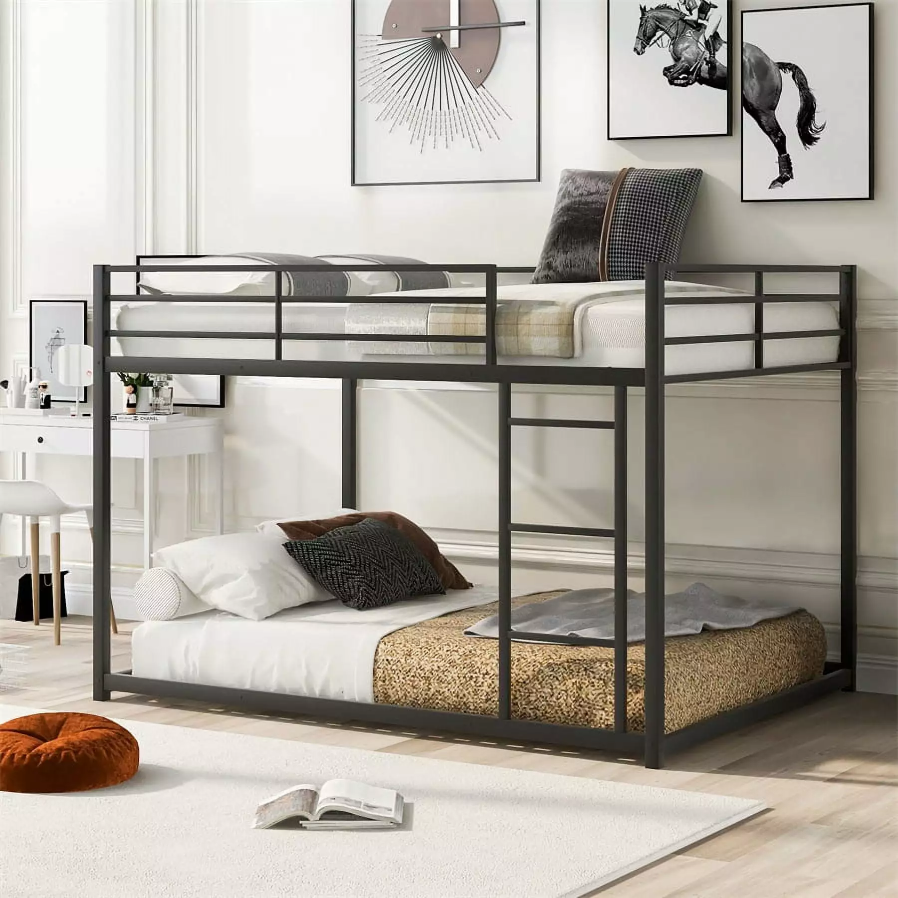 Full Over Full Metal Low Bunk Bed for Kids Teens Adults. Modern Black Bunk Bed with Heavy Duty Metal Frame. Ladder and Safety Full-Length Guard Rails. Space-Saving