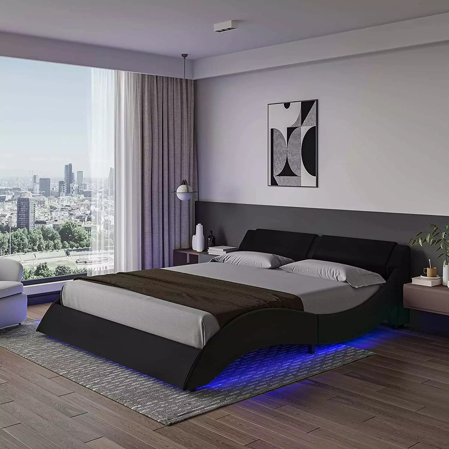 Full Platform Bed Frame with Headboard.Faux Leather Low Profile Wave Like Curved Upholstered Bed Frame with Smart RGB LED Lights. Black