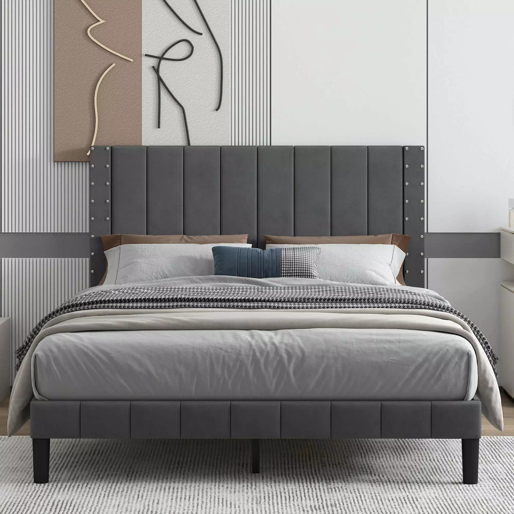 Full Size Bed Frame. New Upgraded Faux Leather Upholstered Platform Bed with Headboard. No Box Spring Needed. Full Platform Bed Frame for Kids Teens Adults. 550lbs Capacity. Easy Assembly. Black