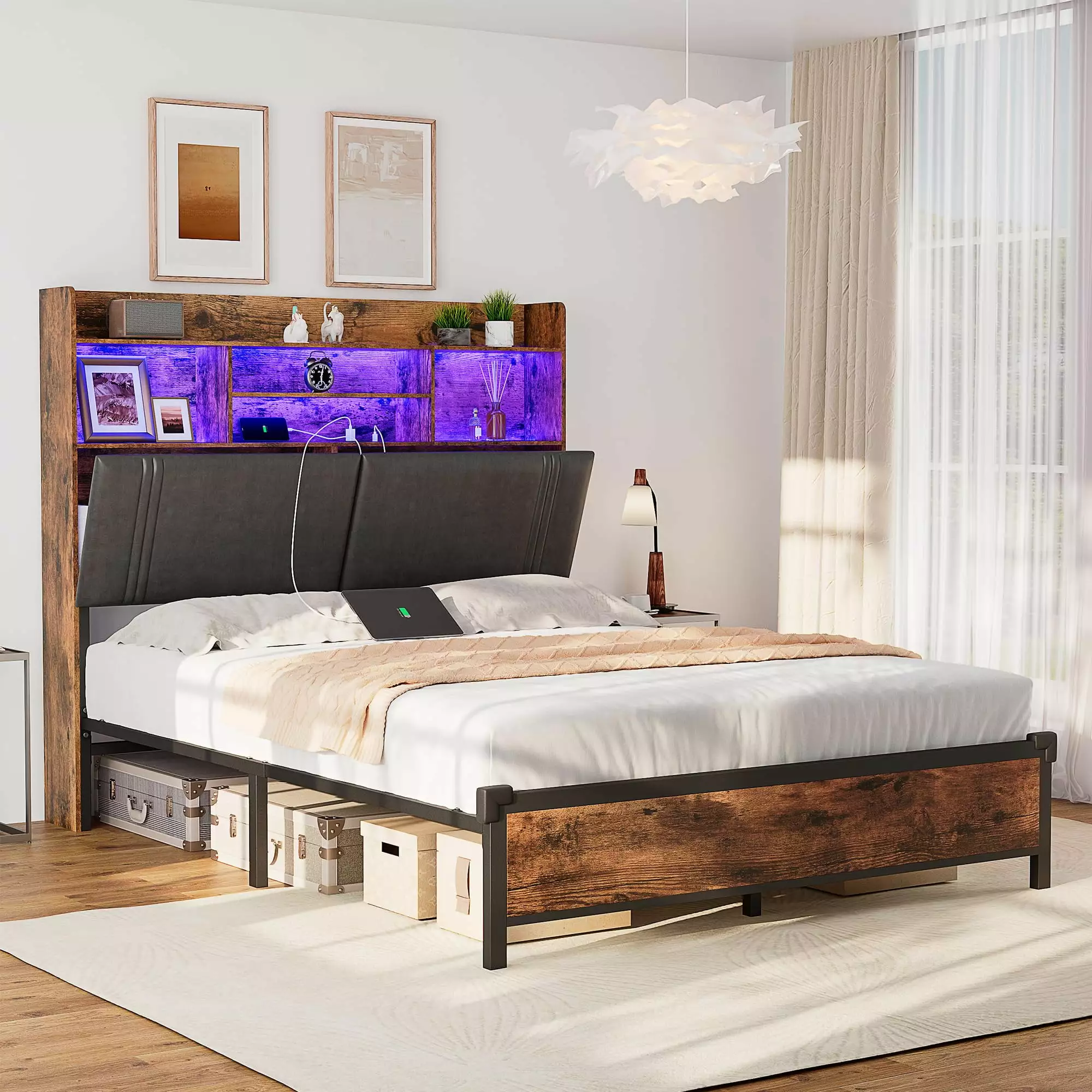 Full Size Bed Frame with Tall Storage Headboard . Wooden Platform Bed Frame with Type-C & USB Ports & LED Lights. 51'' Bookcase Headboard with 3-Tier Storage & 2 Hidden storage. No Box Spring Needed