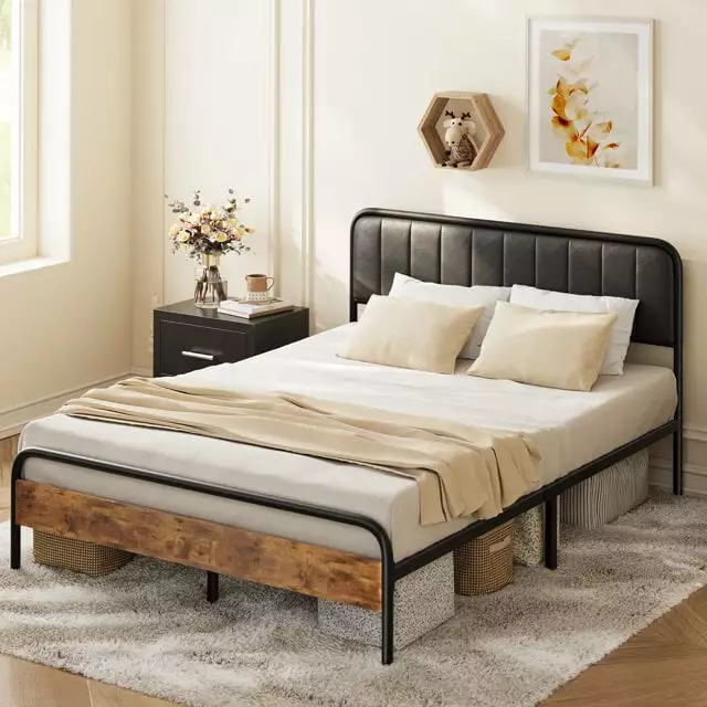 Full Size Bed Frame with Upholstered Headboard. Lofka Full Bed Frame with Wooden Footboard and Metal Slats. 1000lbs. Black Finish