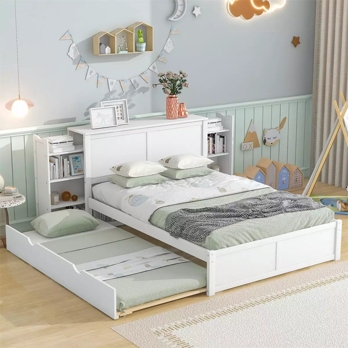 Full Size Bed with Pull Out Shelves and Twin Size Trundle.Wood Platform Bed Frame with Storage Headboard.Storage Bed for Kids Boys Girls Teens Bedroom.White