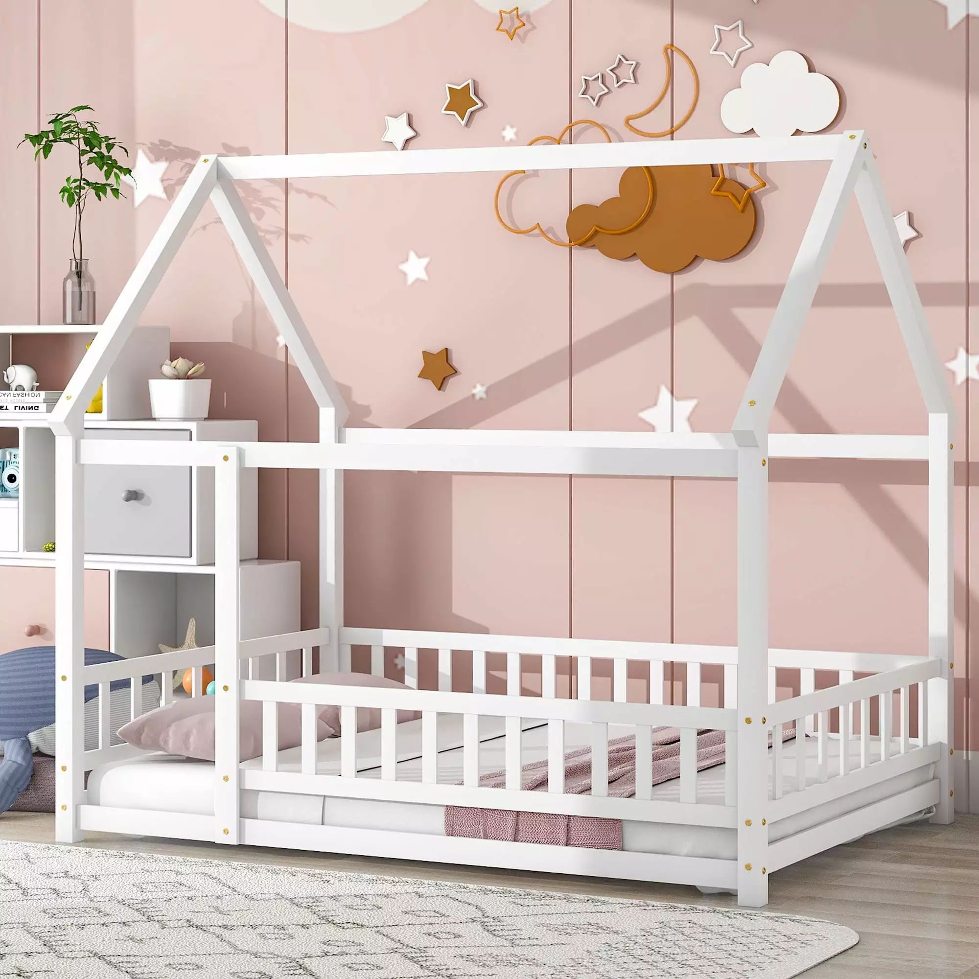 Full Size Floor Bed for Kids. Montessori Bed Frame with Fence-Shaped Guardrails and Door. House Bed for Boys Girls Easy Assembly. No Limit Weight Capacity. White