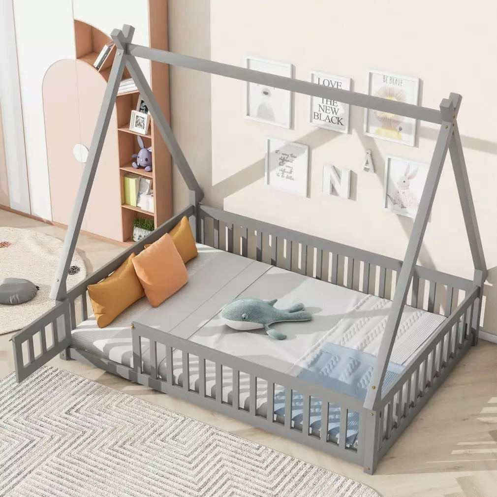 Full Size Floor Bed for Kids. Tent-Shaped Full Teepee Bed Frame with Fence Guardrails. Wood Montessori Floor Bed with Slats and Door for Girls Boys Bedroom Furniture. No Box Spring Needed. Grey