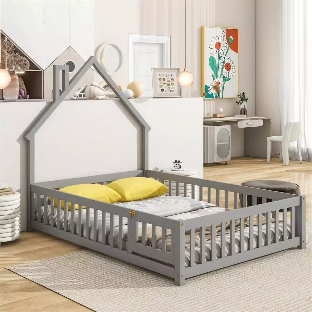 Full Size Floor Bed for Kids Toddlers. Wooden Montessori Bed Frame with House-Shaped Headboard and Fence Guardrails. Playhouse Bed Tent Bed for Boys Girls Bedroom. Easy Assembly. Grey