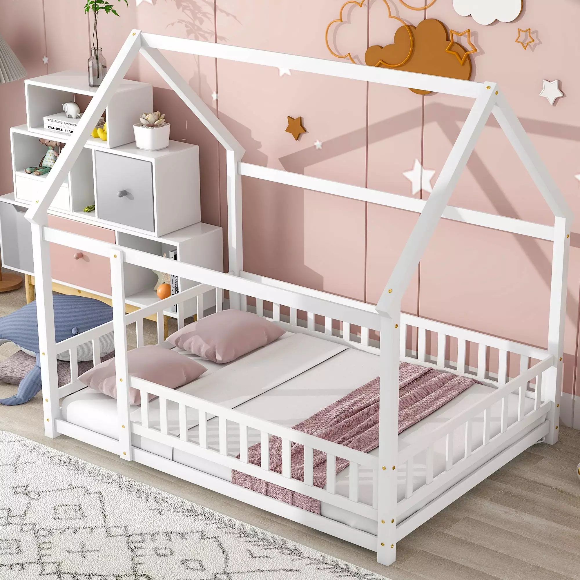 Full Size House Floor Bed for Kids Toddlers and Teens. Montessori Bed Frame with Fence-Shaped Guardrail and Roof. Wood House Bed Frame without Slat Support. Easy Assembly. White