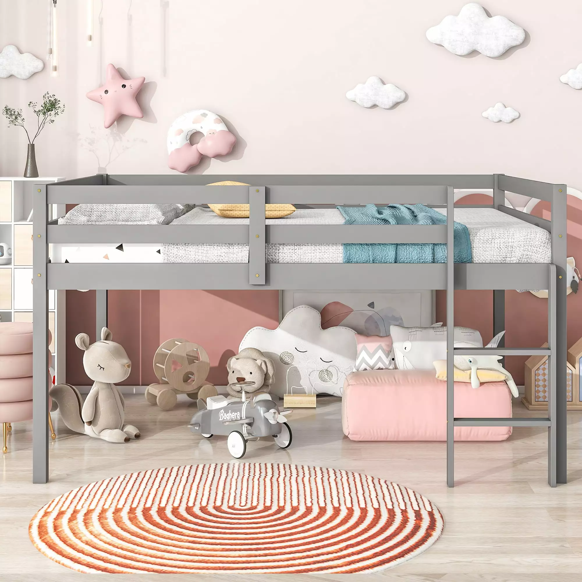 Full Size Loft Bed. Kids Low Loft Bed with Underbed Storage Space and Ladder. Solid Wooden Bed Frame with Safety Guardrail and Slats Support. for Boys and Girls. No Spring Box Needed. Gray