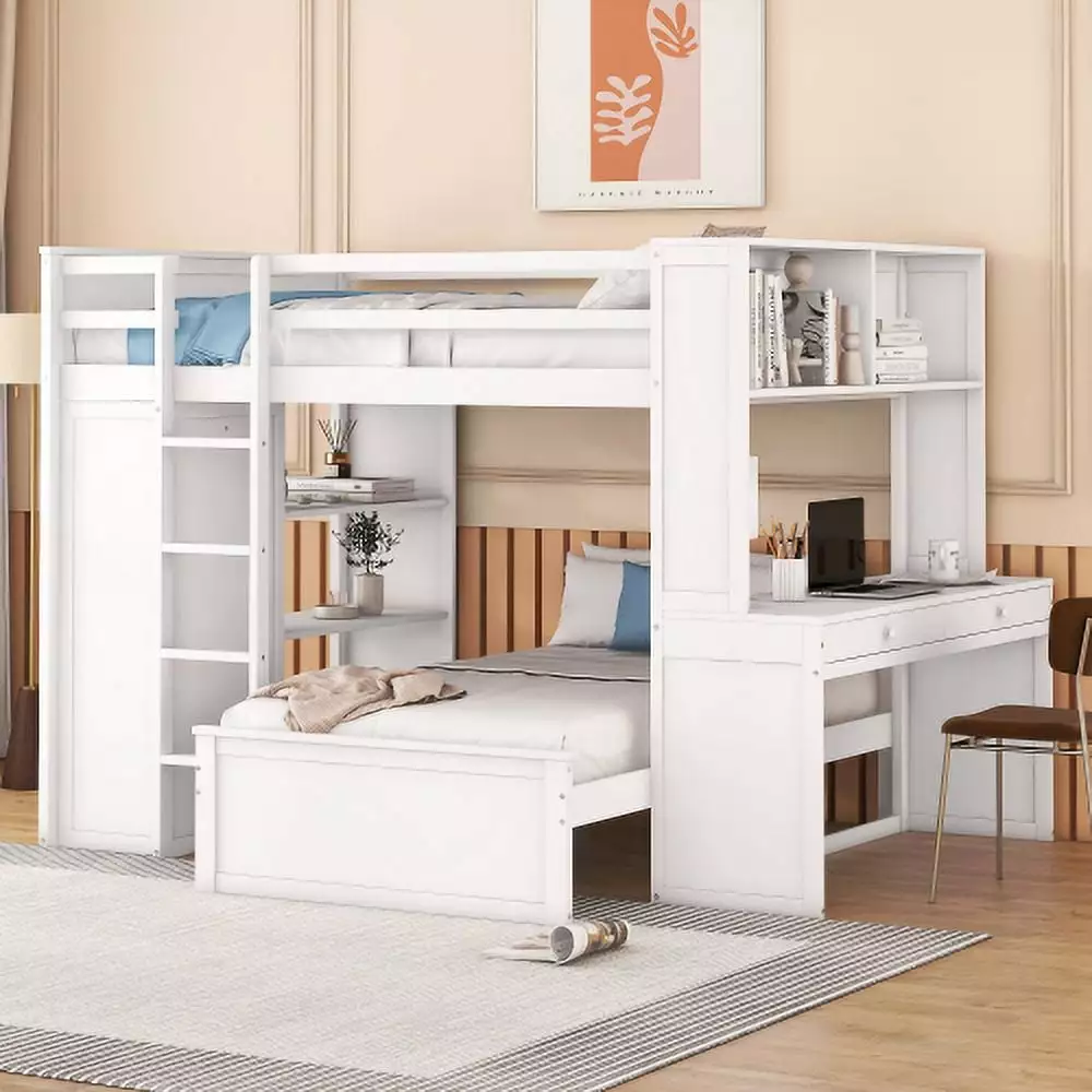 Full Size Loft Bed With A Twin Size Stand-Alone Bed. Shelves. Desk. And Wardrobe-White 21AAK