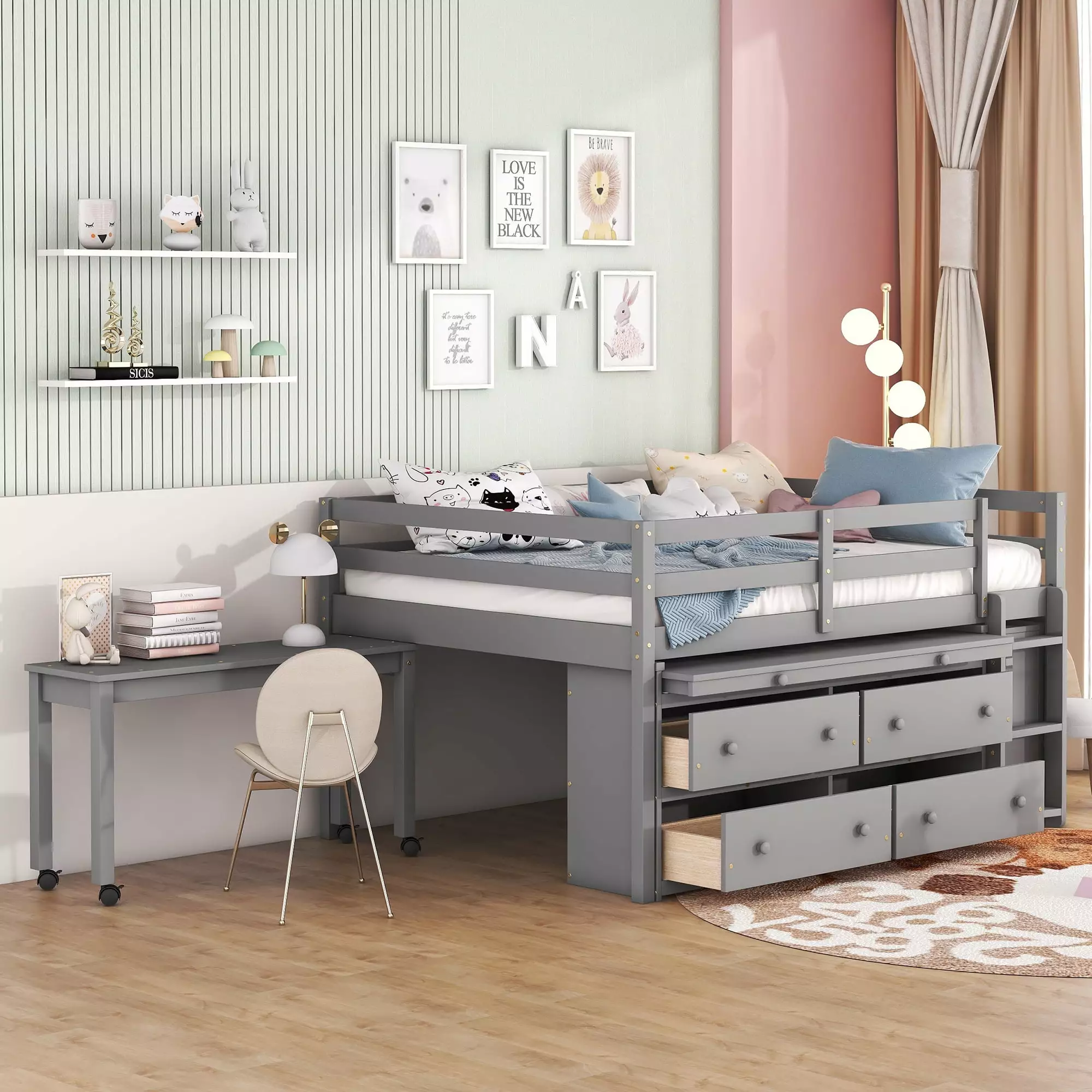 Full Size Loft Bed With Retractable Writing Desk And 4 Drawers. Wooden Loft Bed With Lateral Portable Desk And Shelves. Gray