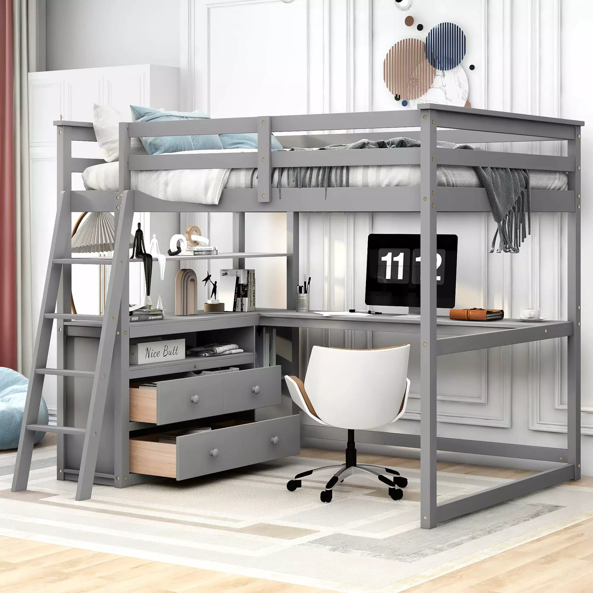 Full Size Loft Bed with Desk and Shelves.Two Built-in Drawers.Gray 416AAE