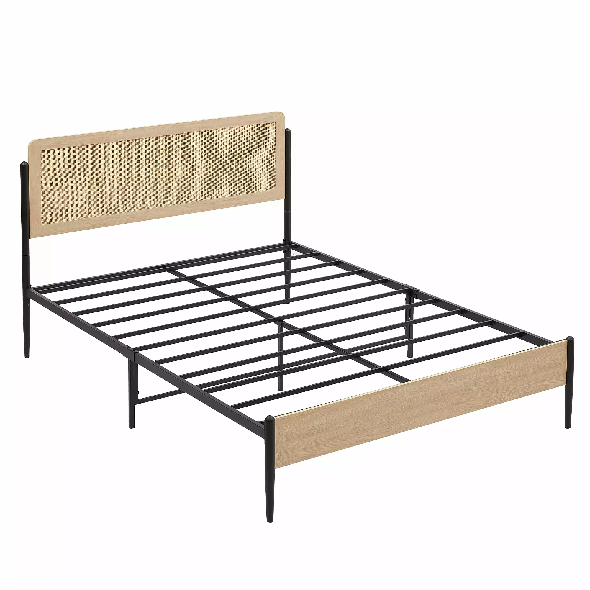 Full Size Metal Bed Frame with Rattan Headboard and Safe Rounded Corners. Slats Support Mattress Foundation Noise-Free