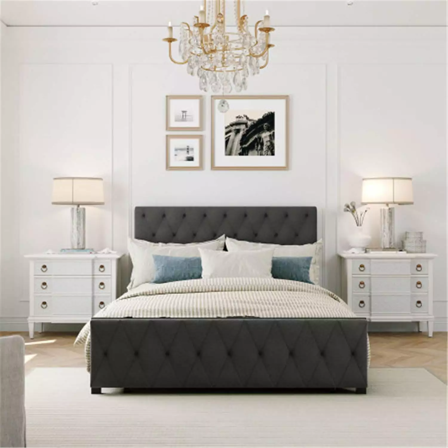 Full Size Metal Platform Bed Frame with Upholstered Headboard and Storage Drawer. No Box Spring Rquired. Gray