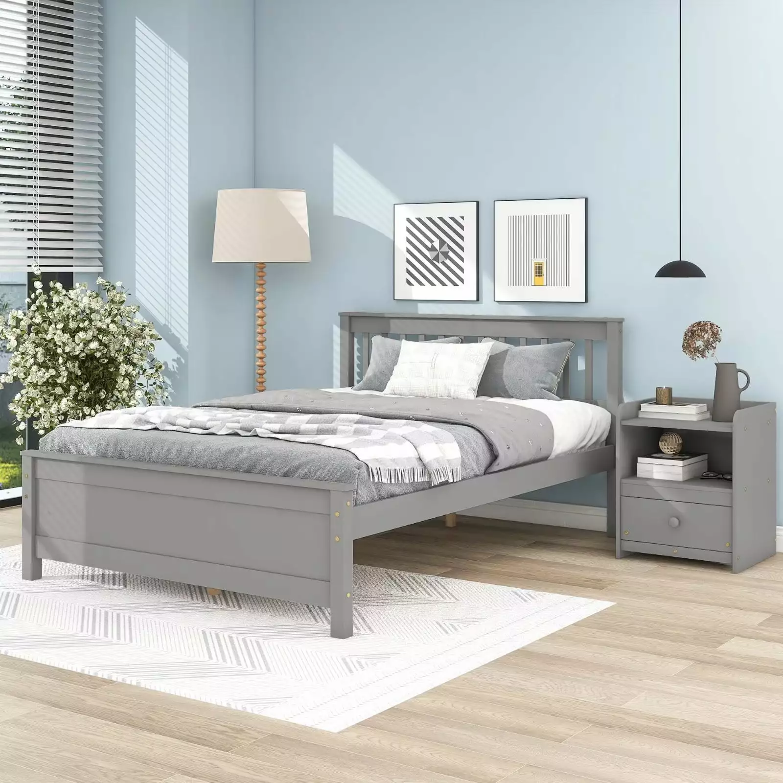 Full Size Platform Bed with 1 One-Drawer Nightstand. Solid Wood Platform Bed Frame with Headboard and Footboard. Set of 2 Bedroom Furniture Set for Boys Girls Adults. No Box Spring Needed. Gray