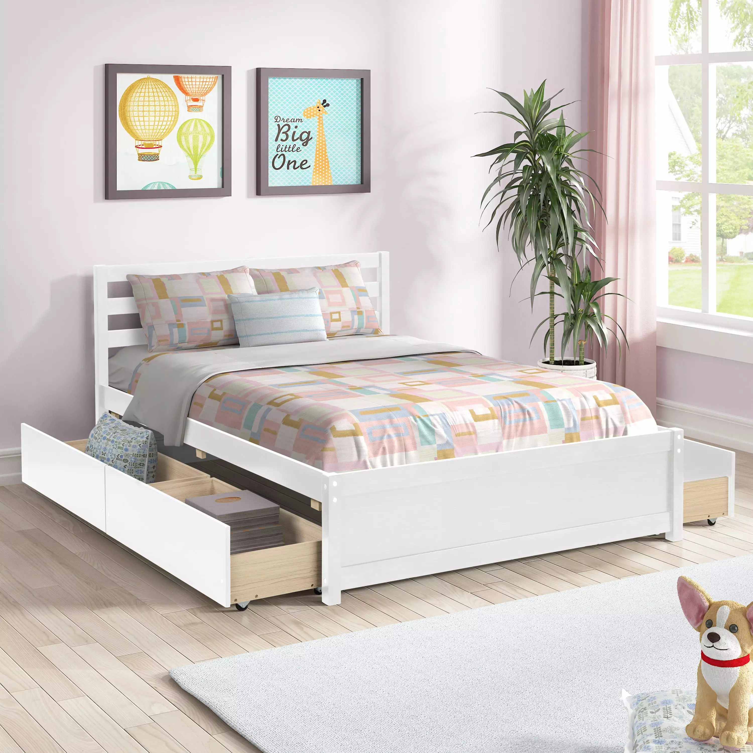 Full Size Platform Bed with 4 Storage Drawers. Modern Solid Wood Platform Bed Frame. No Box Spring Needed. Wooden Full Bed Frame with Headboard. Bedroom Storage Bed for Boys Girls Kids Adults. White