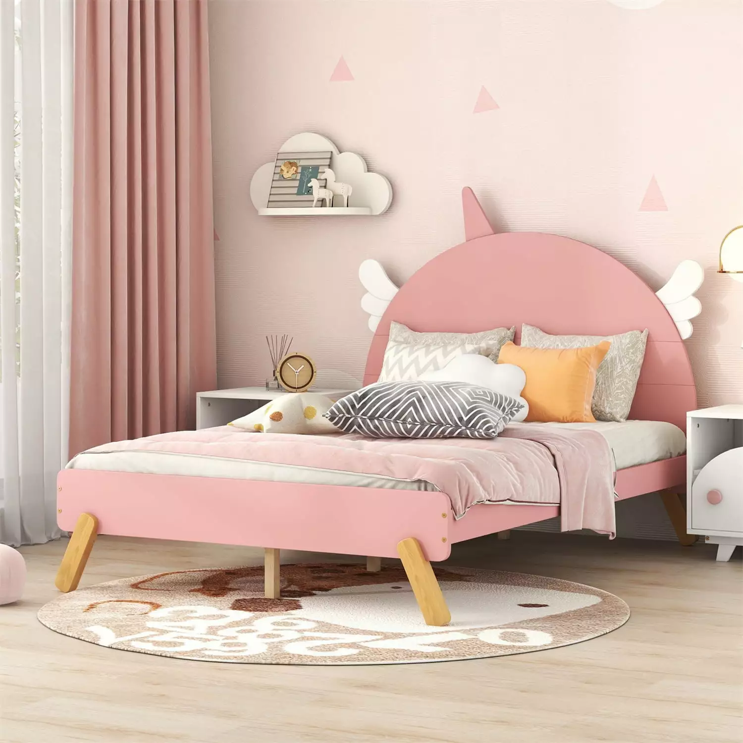 Full Size Platform Bed Frame. Wooden Cute Bed with Unicorn Shape Headboard and Slats Support for Kids Boys Girls. Easy Assembly. No Box Spring Needed. Pink